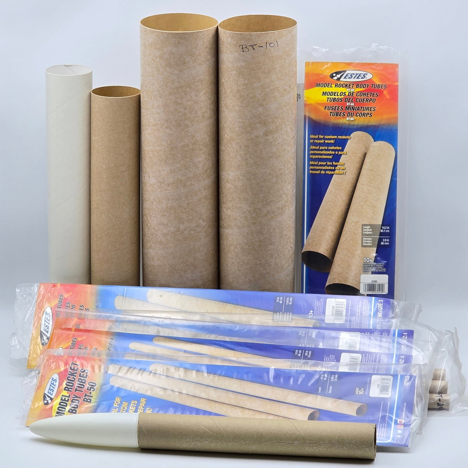 Estes Model Rocket Tubes Lot: Model Rocket tube assortment lot These appear to be in good condition, ready to use for your model building project, includes (3) Estes unopened packs Tube sizes 18x.75x.75 - 18x4x4 , weight .3 - 3.5