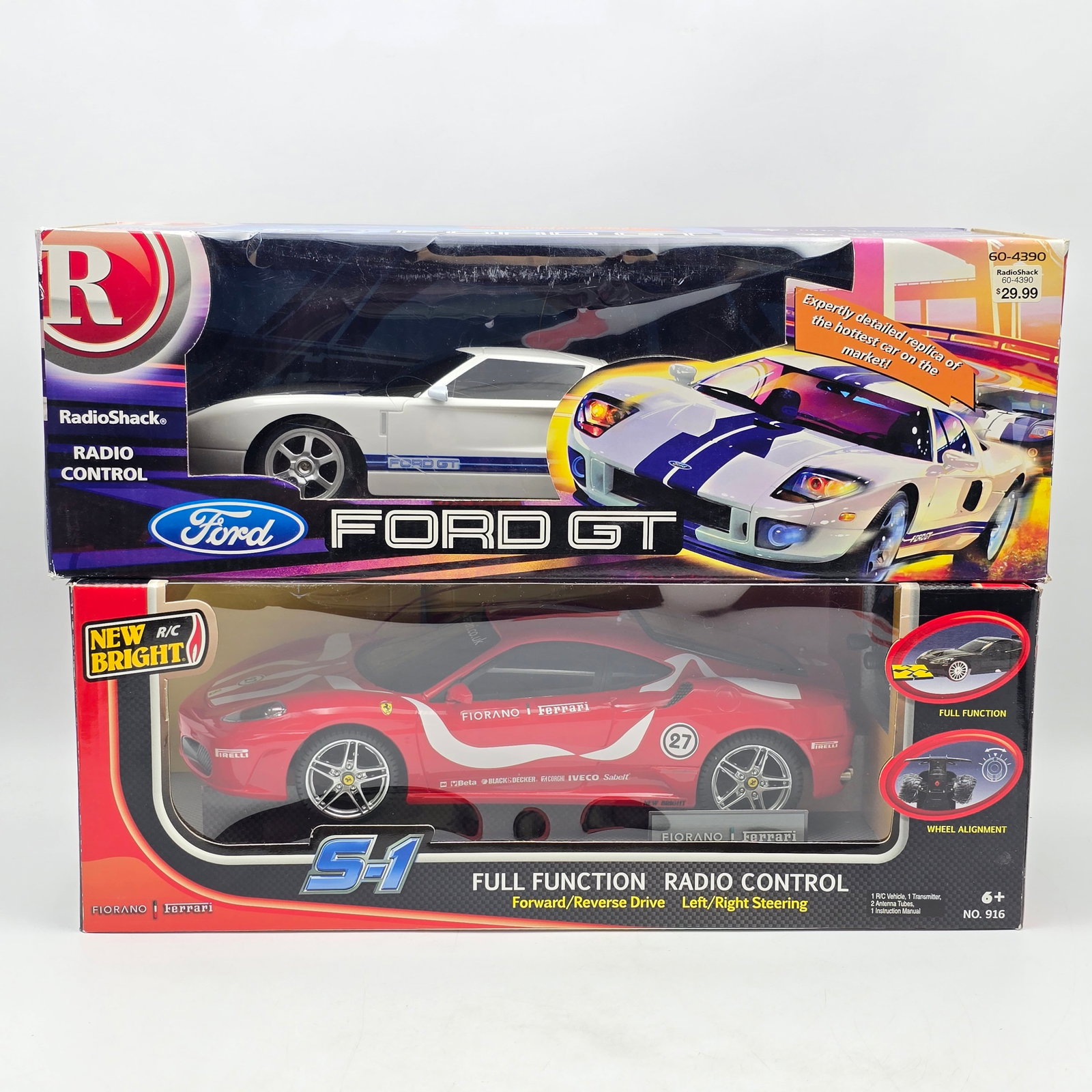 Pair of RC Cars: Pair of RC Cars, One Radio shack and one new Bright. Both with box and look to be in decent condition. 1- Ford GT 1- Fiorano Ferrari See photos for more!