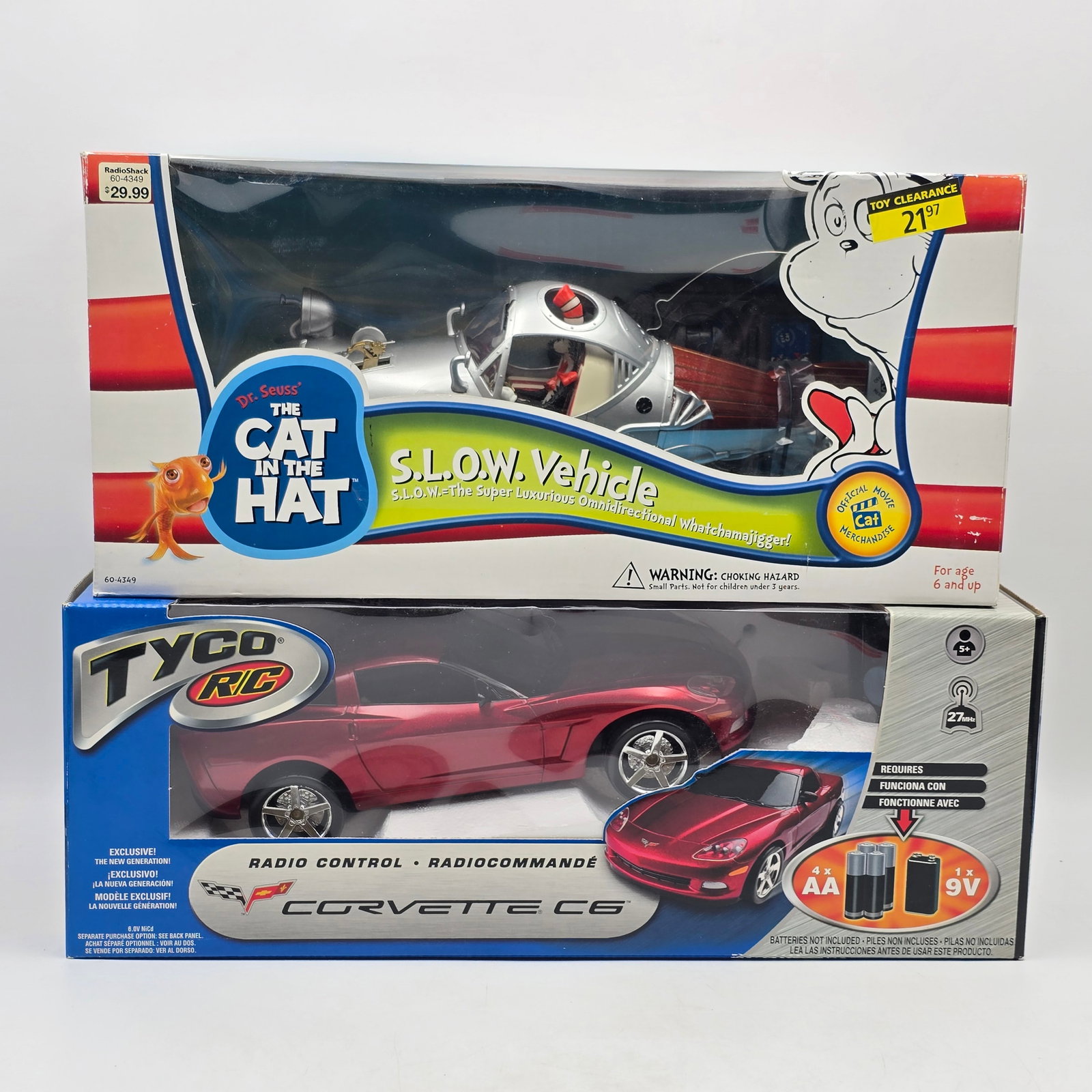 Pair of RC Cars: Pair of RC Cars, one Radio Shack and one Tyco. Both with box and look to be in decent condition. 1- Corvette C6 1- S.L.O.W Vehicle (The cat in the Hat) See photos for more!