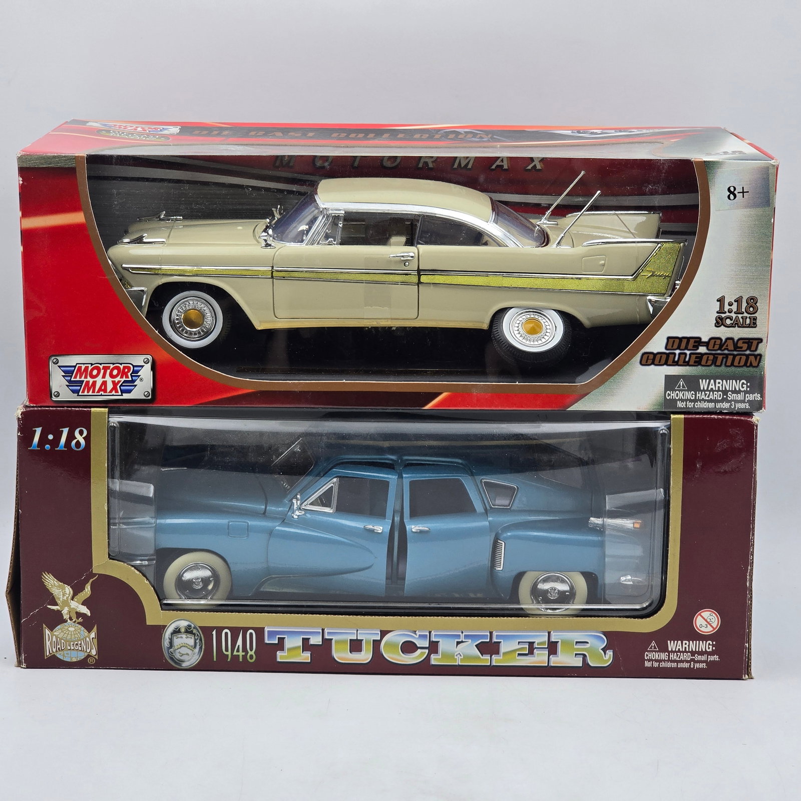 Pair of 1:18 Scale Diecast Models: Pair of Die Cast Models, one Road Signature and one Motor Max. Scale size is 1:18. 1- 1948 Trucker ( blue ) 1- 1958 Plymouth Fury (yellowish- gold) Boxes have some shelf/storage wear