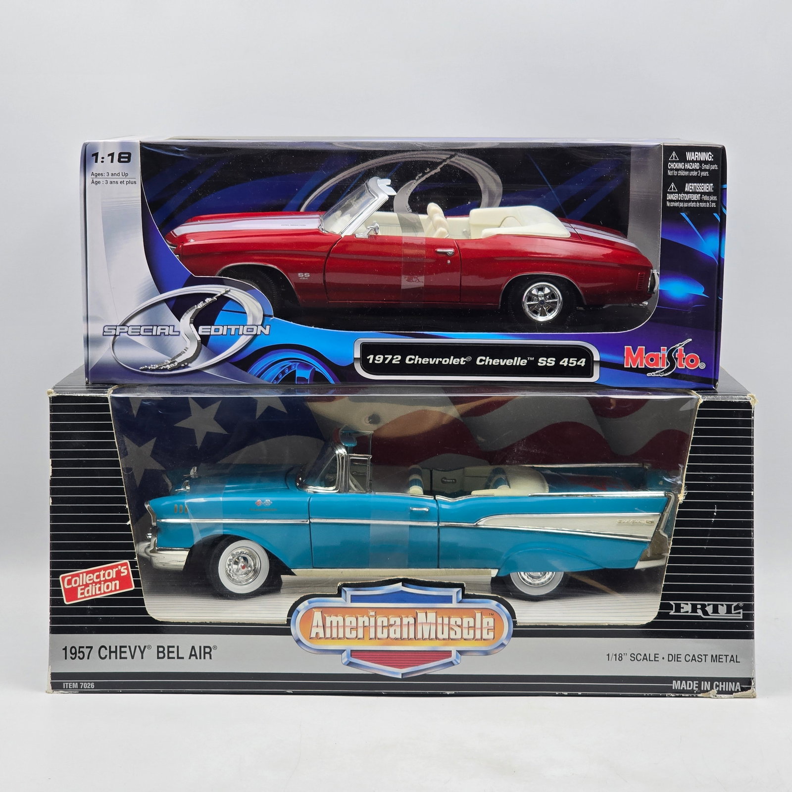 Pair of 1:18 Scale Diecast Models: Pair of Die Cast Models, one Maisto and one American Muscle. Scale size is 1:18. 1- 1972 Chevrolet Chevelle SS 454 (red) 1- 1957 Chevy Bel Air (blue) Boxes have some shelf/storage wear. Ov
