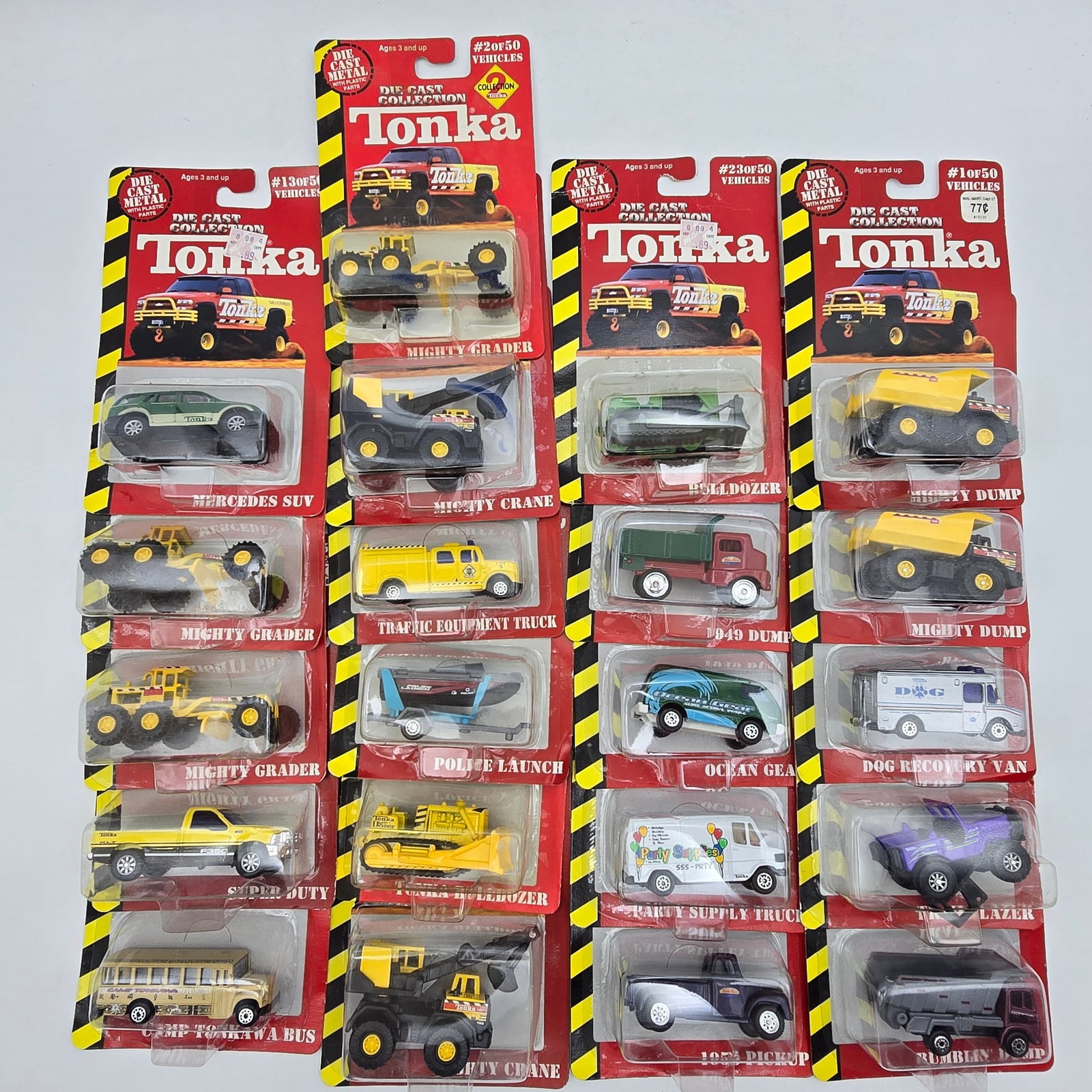 Lot of 21 Tonka Diecast Vehicles: Lot of 21 Assorted Tonka diecast cars. All blisters look to be attached to the cards, most are nice and clear. Most look to be in good condition with no major cracks, tears or rips to the card or blis