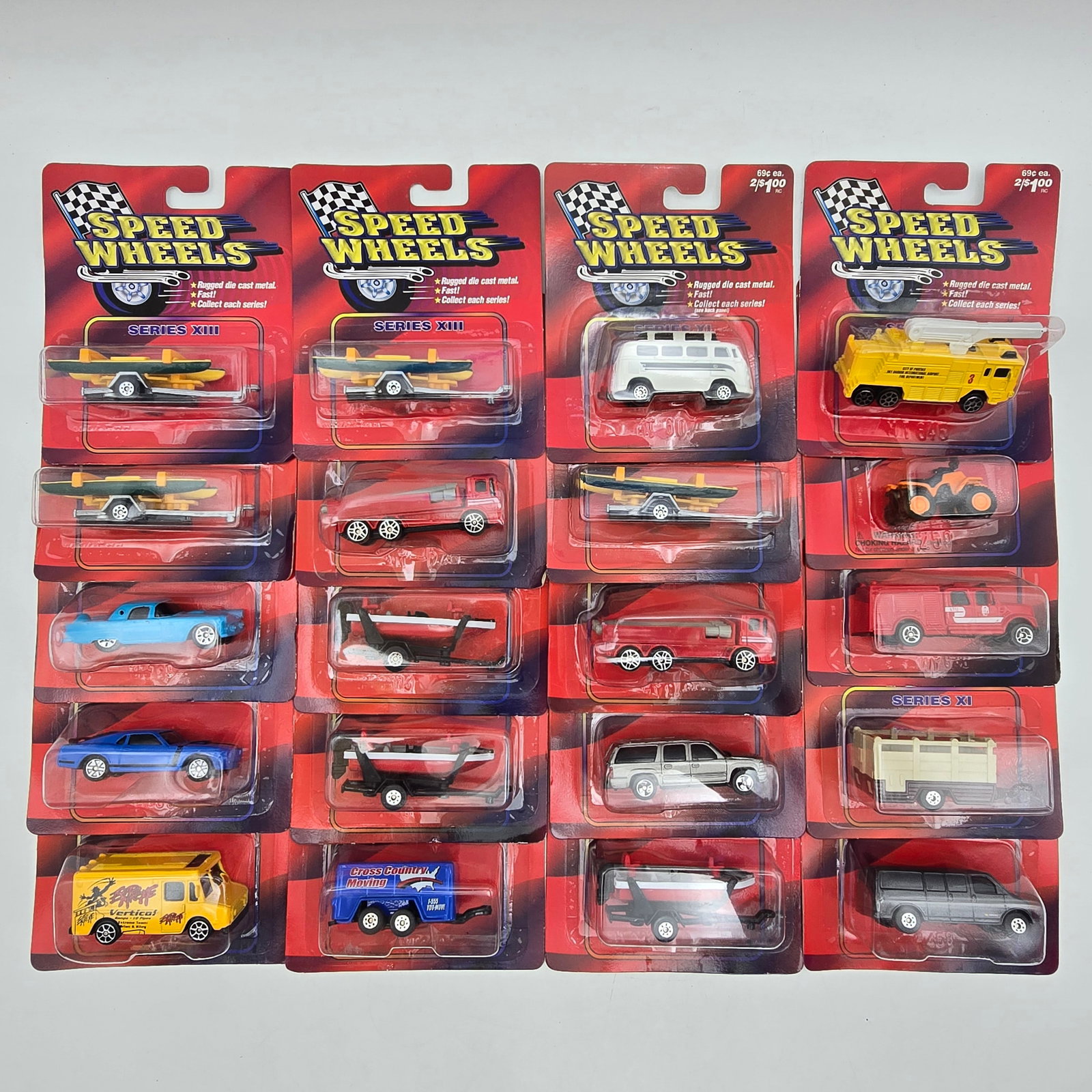 Lot of 20 Carded Speed Wheels: Lot of 20 Assorted Speed Wheels diecast cars. All blisters look to be attached to the cards, most are nice and clear. Most look to be in good condition with no major cracks, tears or rips to the card 