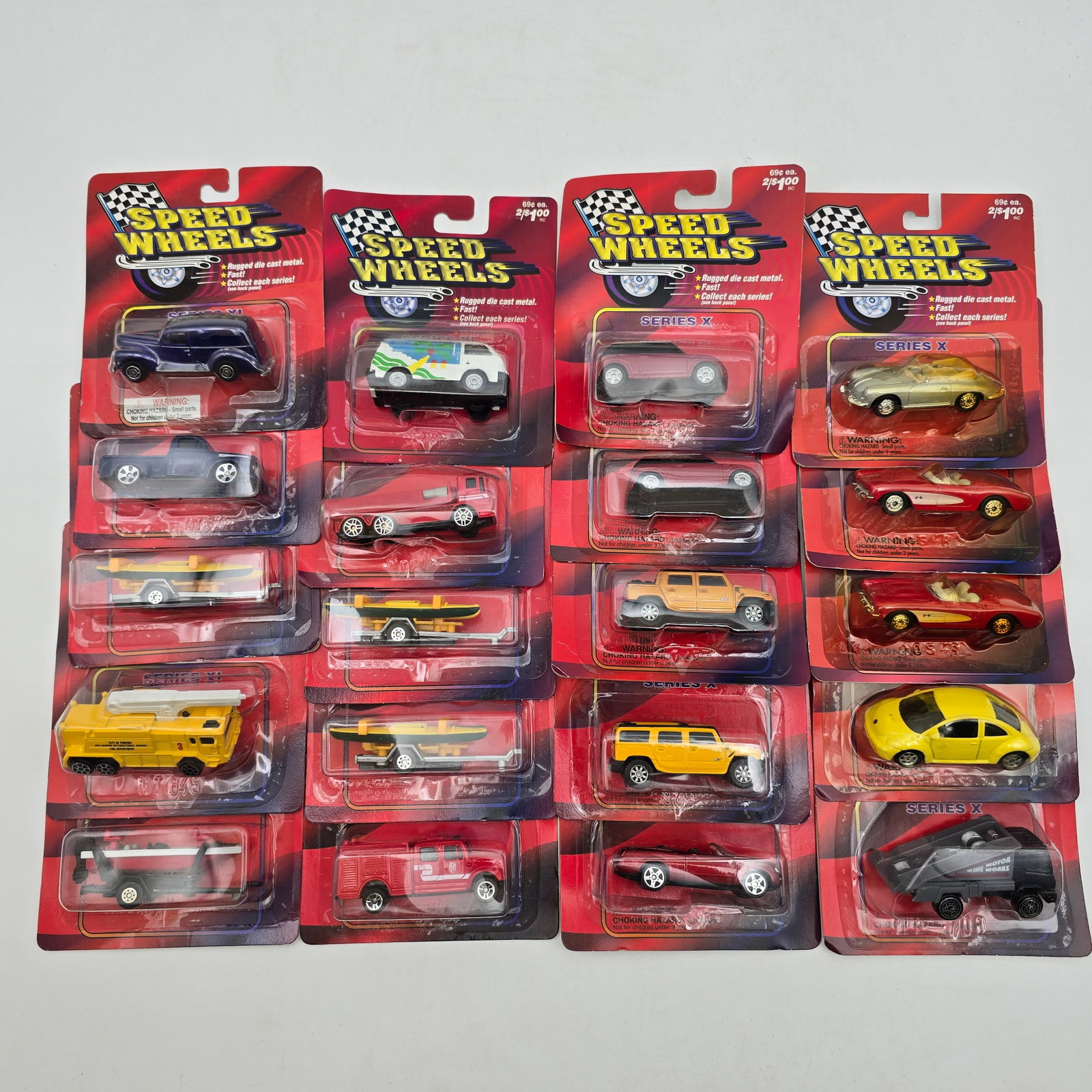 Lot of 20 Assorted Speed Wheels: Lot of 20 Assorted Speed Wheels diecast cars. All blisters look to be attached to the cards, most are nice and clear with some yellowing. Most look to be in good condition with no major cracks, tears 