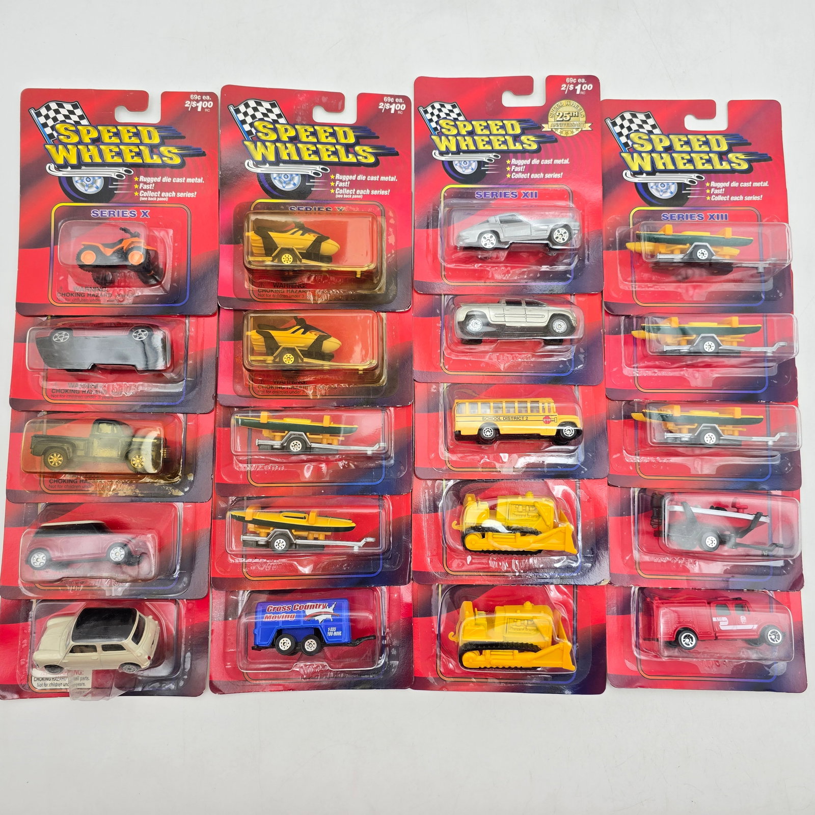 Lot of 20 Assorted Speed Wheels: Lot of 20 Assorted Speed Wheels diecast cars. All blisters look to be attached to the cards, most are nice and clear with some yellowing. Most look to be in good condition with no major cracks, tears 