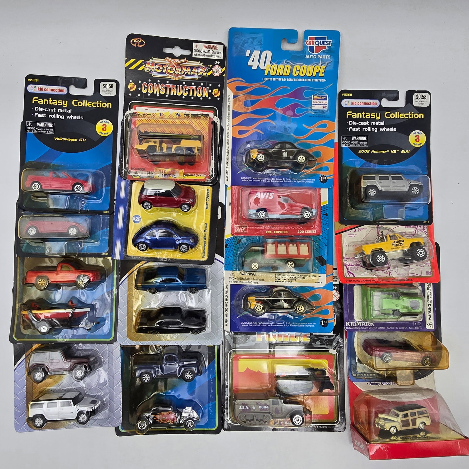 Mixed Diecast Vehicle Lot of 18: Lot of 18 diecast vehicles from various brands and series. Includes a wide mix of cars, trucks, and specialty castingsâ€”everything from everyday street cars to off-road vehicles and a few