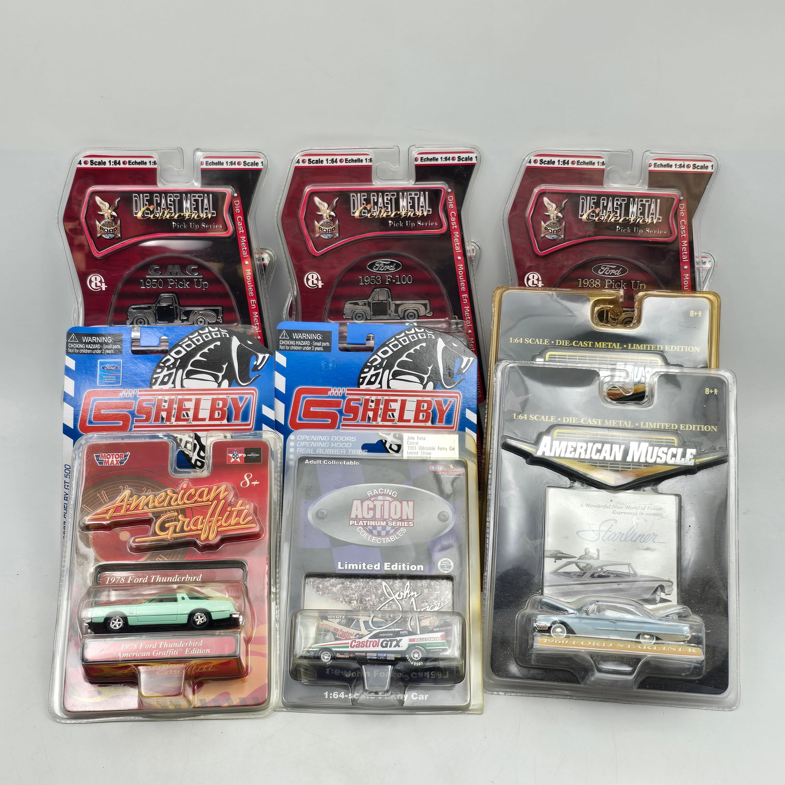 Diecast Pickup & Muscle Car Lot of 9: Lot of 9 diecast vehicles featuring pickups and classic American muscle cars. Includes a mix of series such as Die Cast Metal Pick Up Series, Shelby collectibles, American Muscle, and other limited or