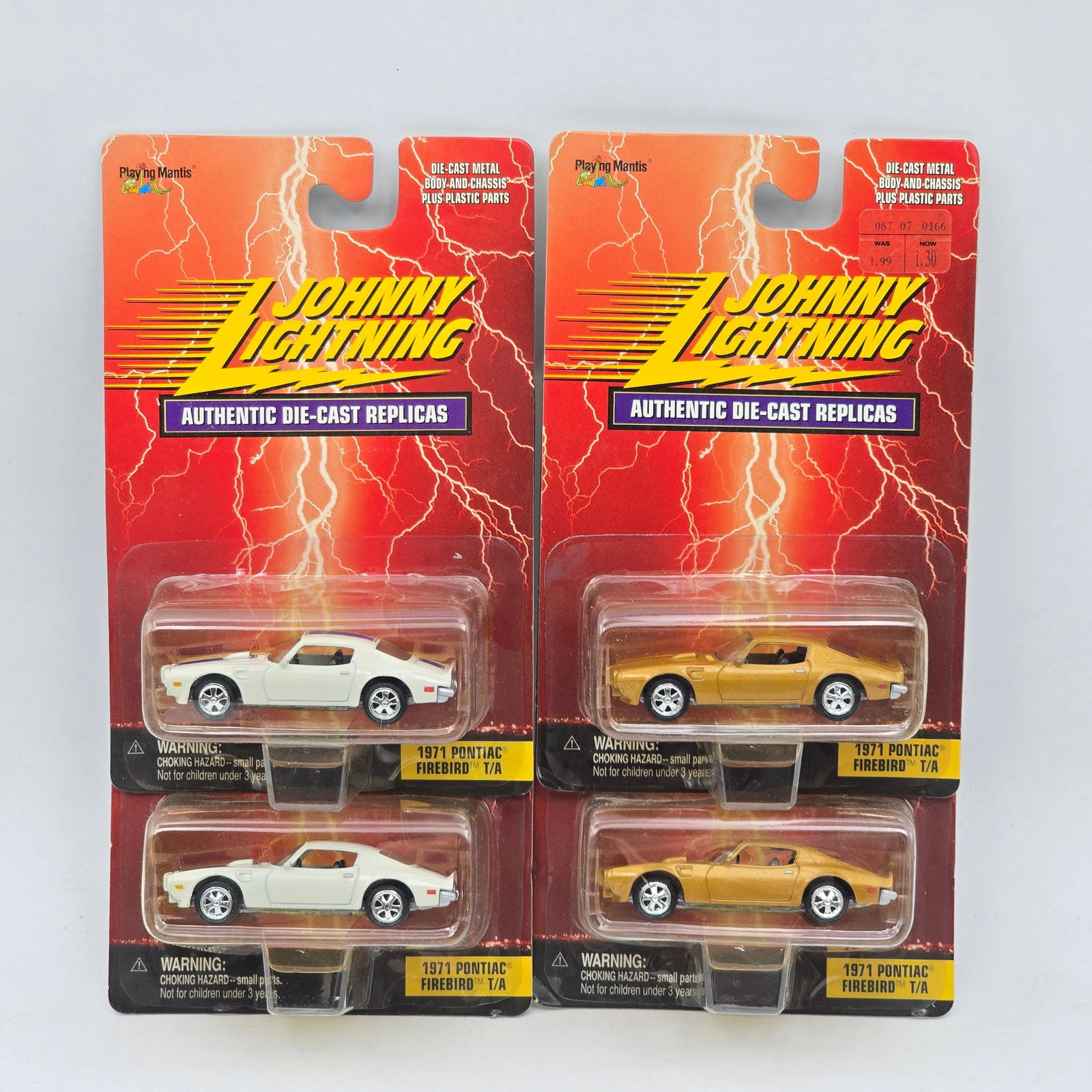 Lot of 4 Johnny Lighting Die Cast Car Models: Lot of 4 Johnny Lighting Die Cast Car Models. 4- 1971 Pontiac Firebird T/A All look to be in decent condition and connected to the cards. May have some shelf/storage wear like yellowing bl
