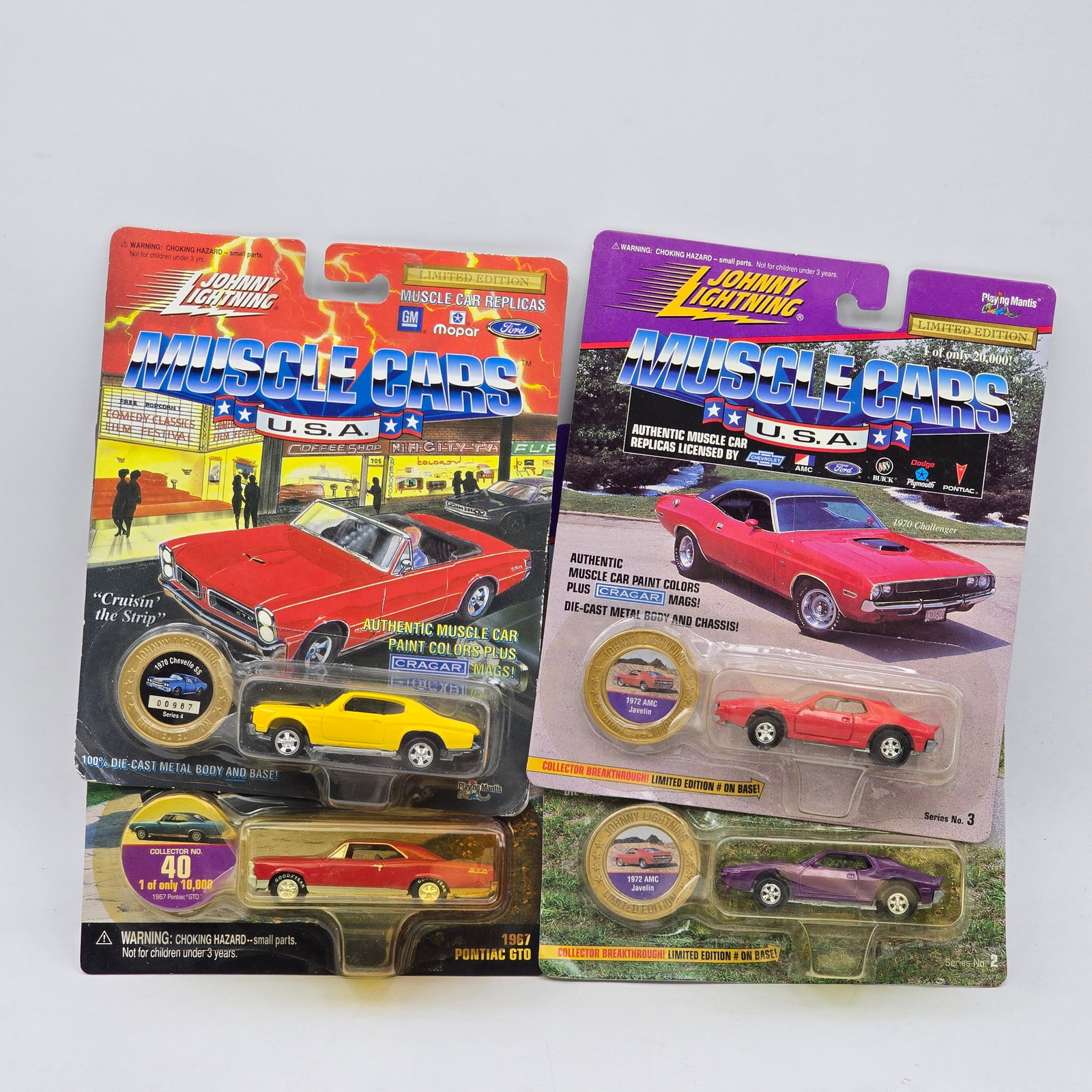 Lot of 4 Johnny Lightning Muscle Cars USA Models: Lot of 4 Johnny Lightning Muscle Cars USA Die Cast models. 1- 1967 Pontiac GTO 1- 1970 Chevelle SS 2- 1972 AMC Javelin All look to be in decent condition. May have some shelf/storag