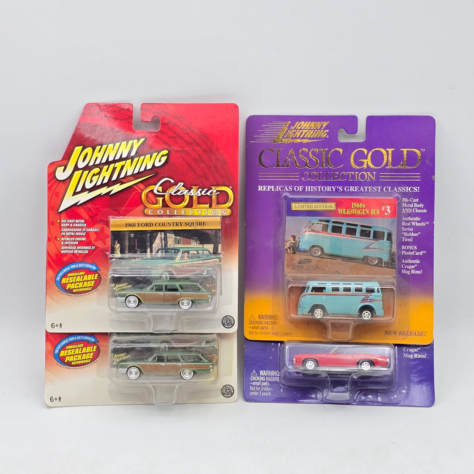 Lot of 4 Johnny Lightning Classic Gold Models: Lot of 4 Johnny Lightning Classic Gold Die Cast models. 2- 1960 Ford Country Squire 1- 1960s Volkswagen Bus 1- 1970 Cougar XR-7 All look to be in decent condition. 