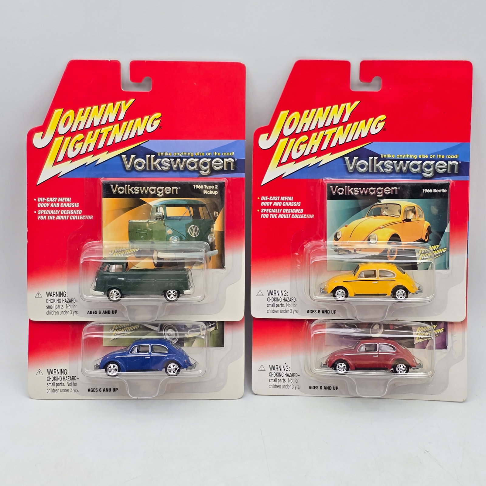 Lot of 4 Johnny Lightning Volkswagen Models: Lot of 4 Johnny Lightning Volkswagen Die Cast models. 3- 1996 Beetles 1- 1996 Type 2 Pickup All look to be in decent condition. May have some shelf/storage wear like yellow