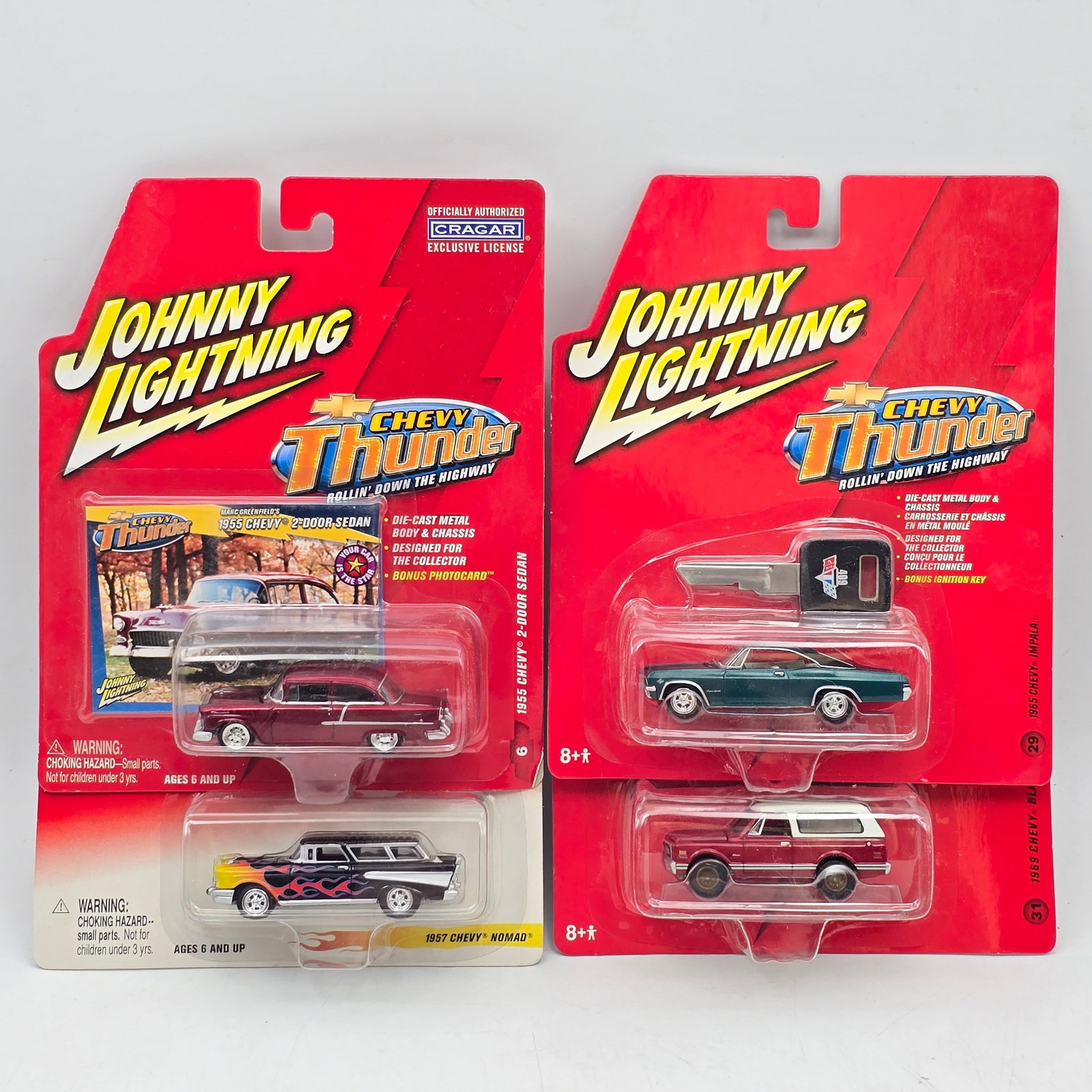 Lot of 4 Johnny Lightning Chevys: Lot of 4 Johnny Lightning Diecast Vehicles including: 1- 1955 Chevy 2-Door Sedan 2- 1965 Chevy Impala 3- 1957 Chevy Nomad 4- Chevy SUV (model unspecified) All items are part