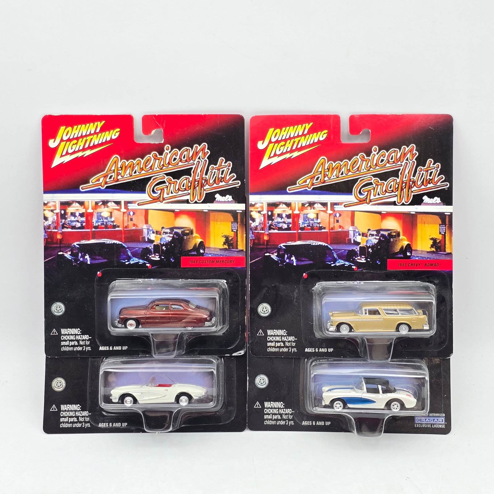 Lot of 4 Johnny Lightning American Graffiti: Lot of 4 Johnny Lightning American Graffiti Diecast Vehicles including: 1- 1949 Custom Mercury 2- 1955 Chevy Nomad 3- 1962 Vette 4- 1957 Chevy Corvette All items are p