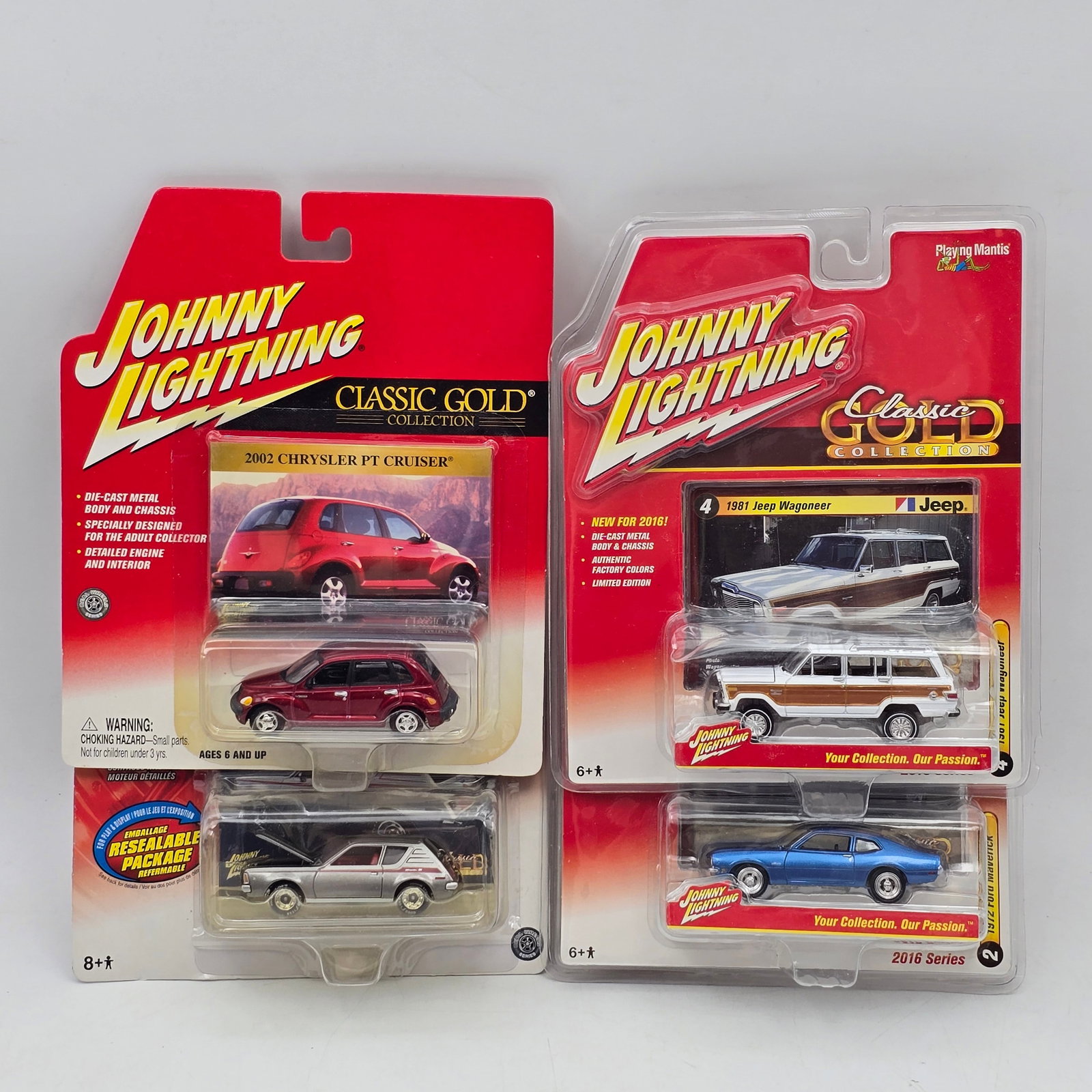 Lot of 4 Johnny Lightning Diecast: Lot of 4 Johnny Lightning Diecast Vehicles including: 1- 1972 Ford Maverick 2- 1987 Jeep Wagoneer 3- 1972 AMC Gremlin X 4- 2002 Chrysler PT Cruiser All items are in original