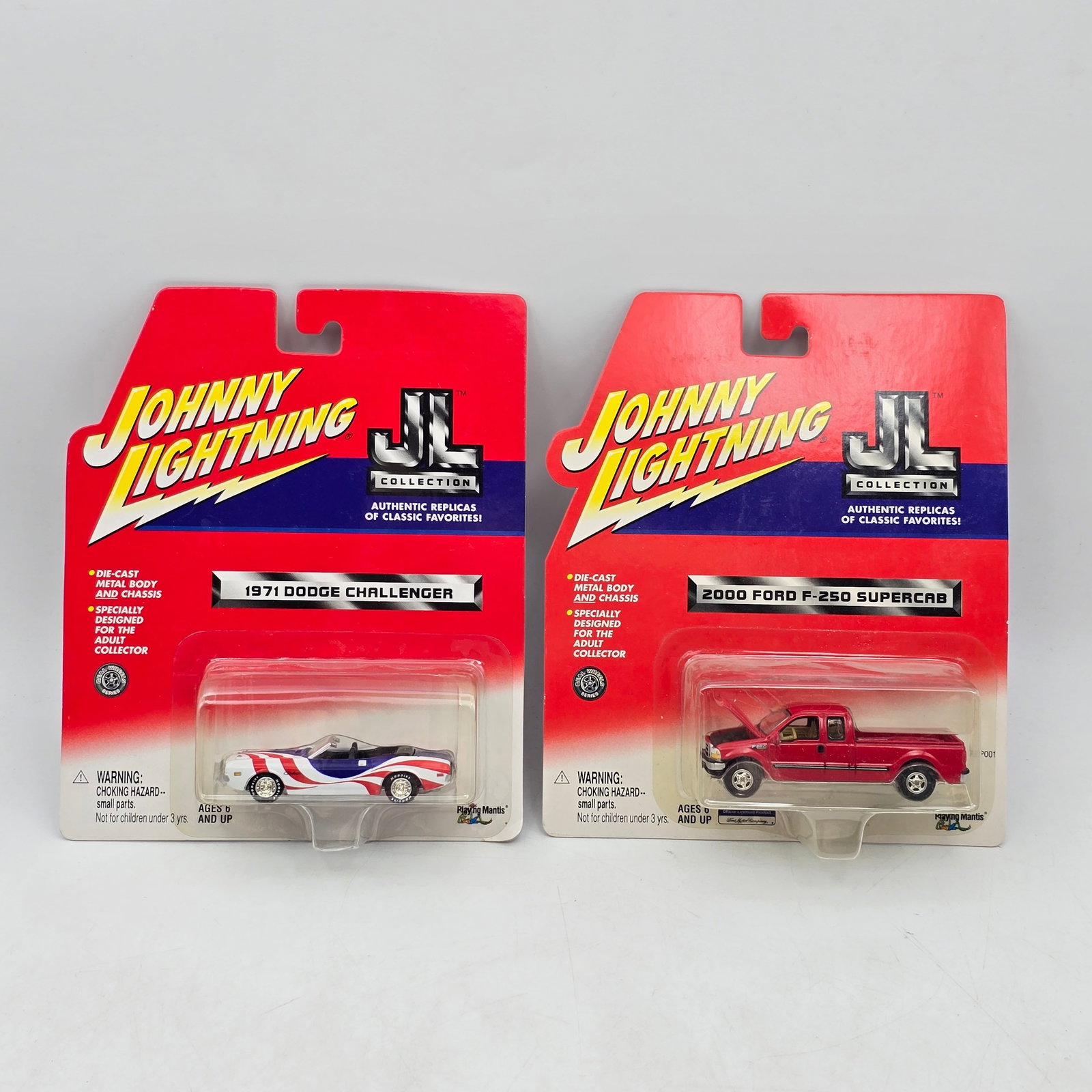 Pair of Johnny Lightning Collection Series: Lot of 2 Johnny Lightning JL Collection Diecast Vehicles including: 1- 1971 Dodge Challenger 2- 2000 Ford F-250 SuperCab Both items are in original packaging. Produced primarily in the late