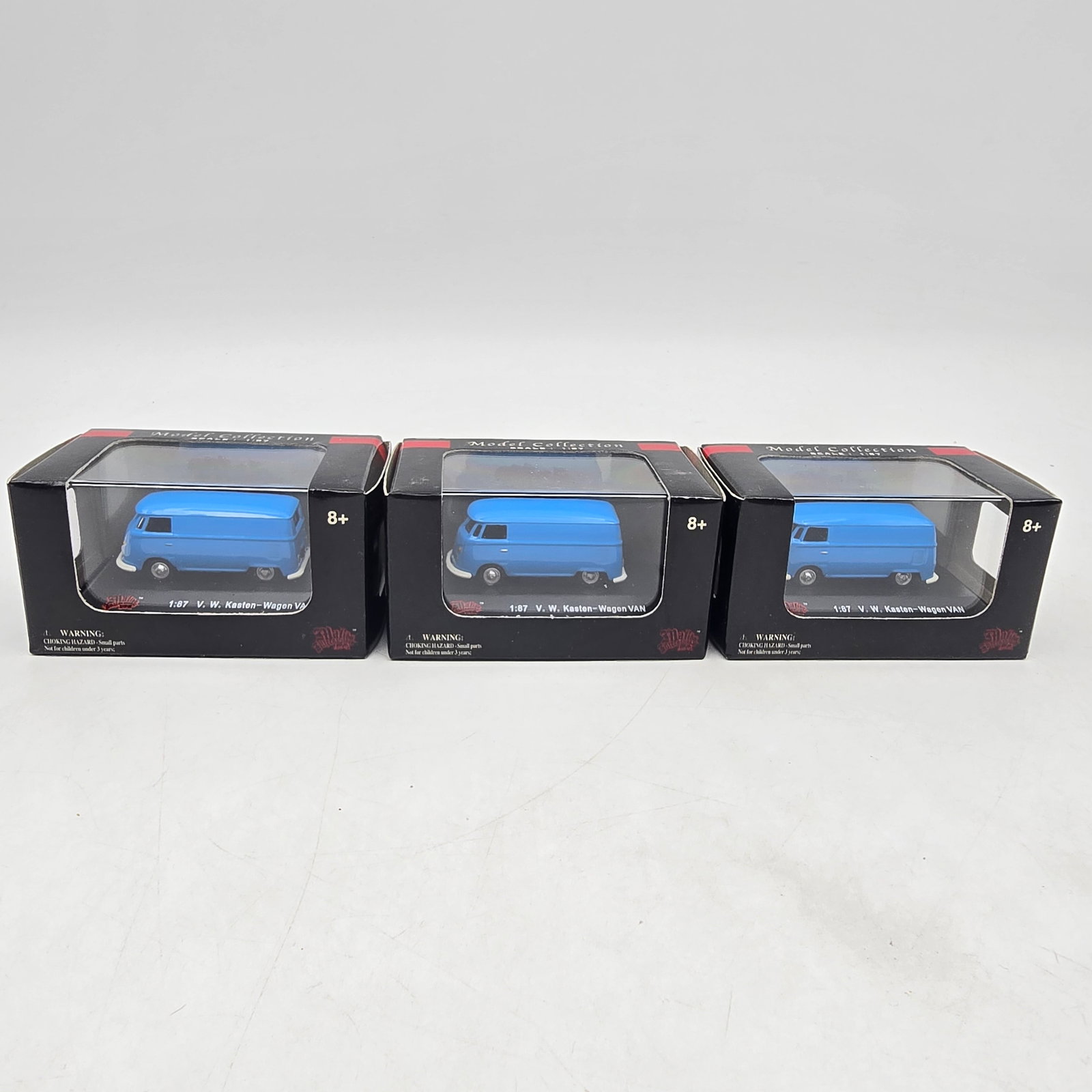 Malibu VW Van Lot of 3: Lot of 3 Malibu International Models Diecast Vehicles including: 1- V.W. Kastenwagen Van (blue) (x3) All items are 1:87 scale and come in original display boxes. Produced likely in the early 2000s.