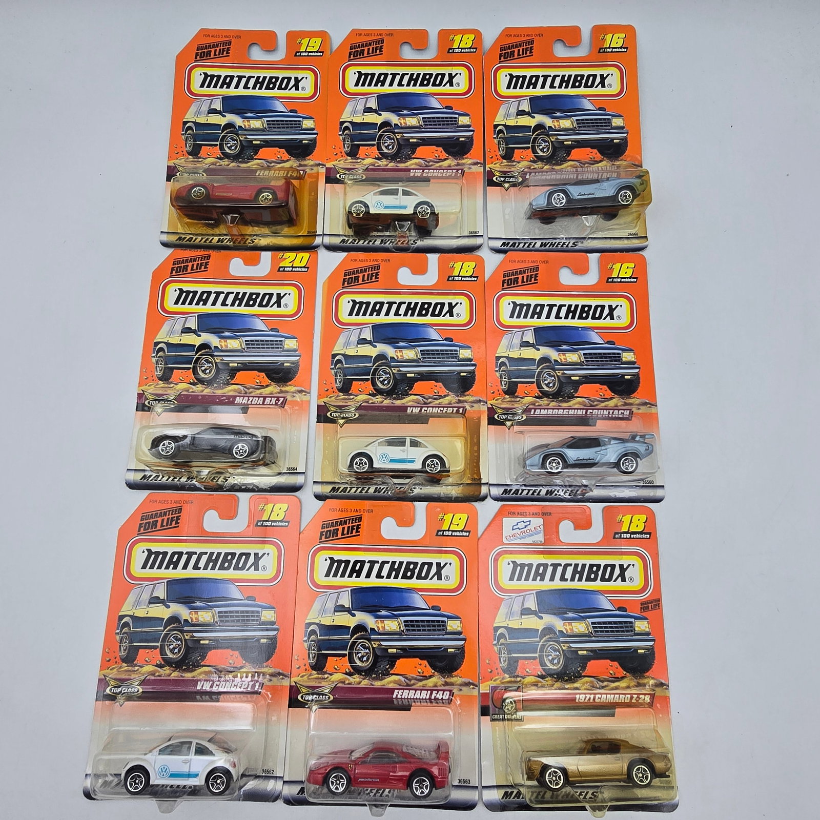 Lot of 9 Matchbox: Lot of 9 Matchbox Diecast Vehicles from the 1-75 Series including: 1- Mazda RX-7 2- VW Concept (x3) 3- Lamborghini Countach (x2) 4- Ferrari F40 (x2) 5- 1971 Camaro Z-28 