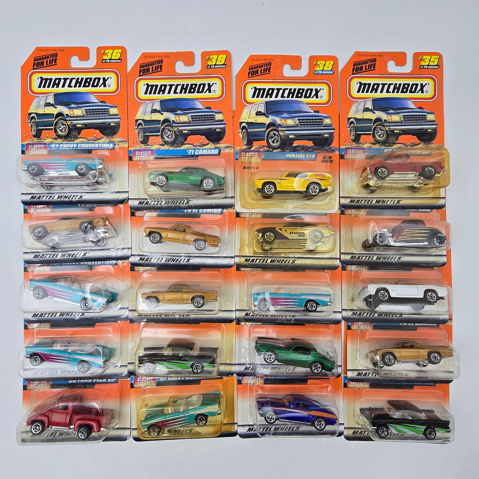 Matchbox Diecast Lot of 20 Cars: Lot of 20 Matchbox diecast vehicles, all carded. Includes a mix of sports cars, muscle cars, and concept-style castings with a good range of colors and designs across the lot. All items are unopened i