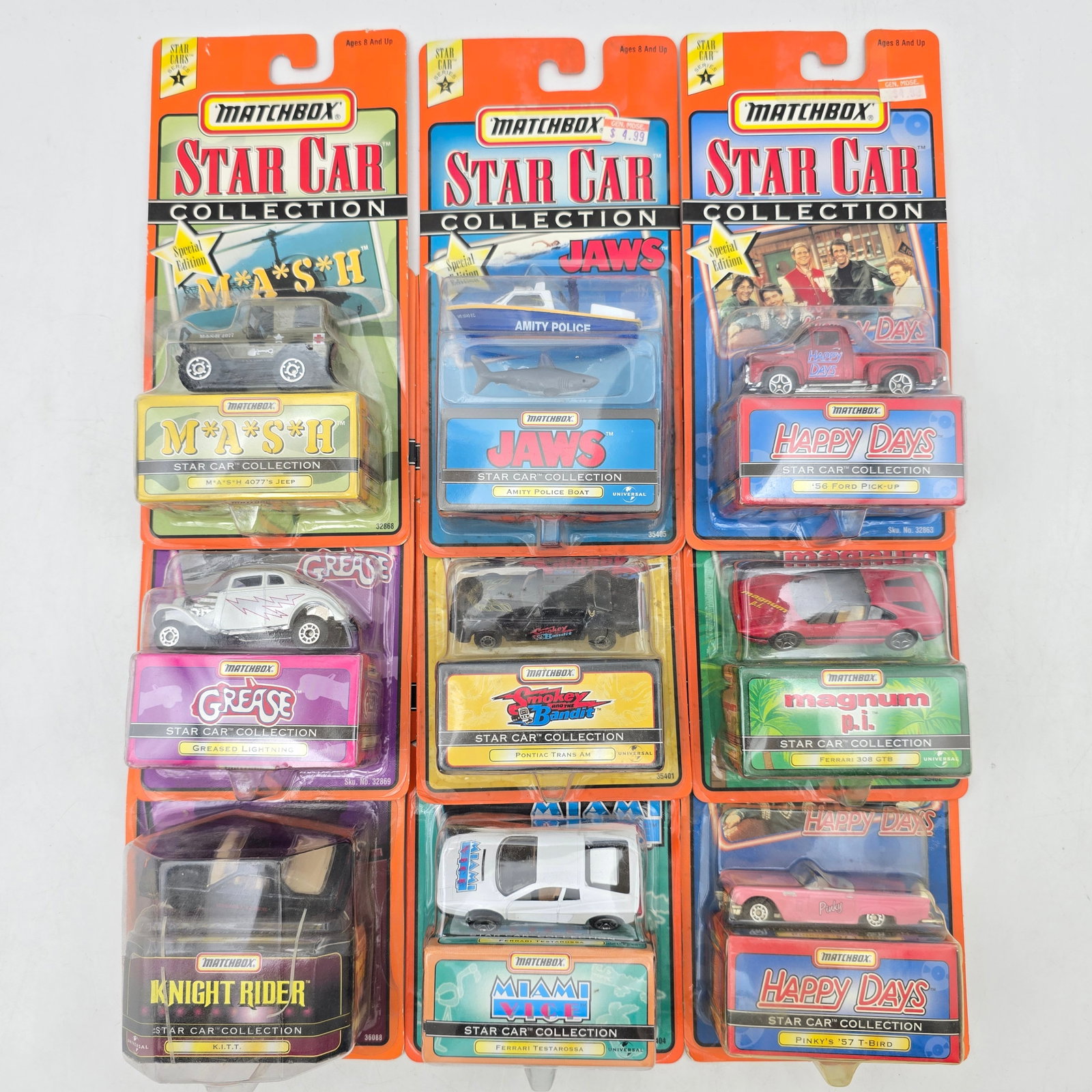 Lot of 9 Matchbox Star Car Series: Lot of 9 Matchbox Star Car Collection Diecast Vehicles including: 1- MAS*H 2- Jaws 3- Happy Days (x2) 4- Grease 5- Knight Rider 6- Miami Vice