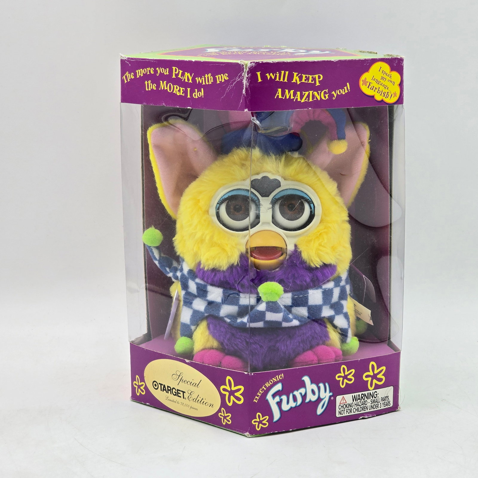 Furby Special Edition Target Toy: Special Edition Furby electronic toy (Target Exclusive) with original packaging. Features a colorful yellow and purple Furby with patterned scarf and signature interactive functions.