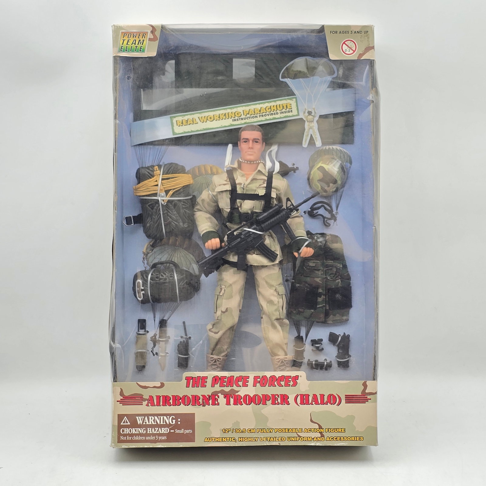 Peace Forces HALO Trooper: Lot of 1 Military Action Figure Set including: 1- The Peace Forces â€?Airborne Trooper (HALO)â€? Figure with Accessories Packaging shows some typical wear from storage and handling,