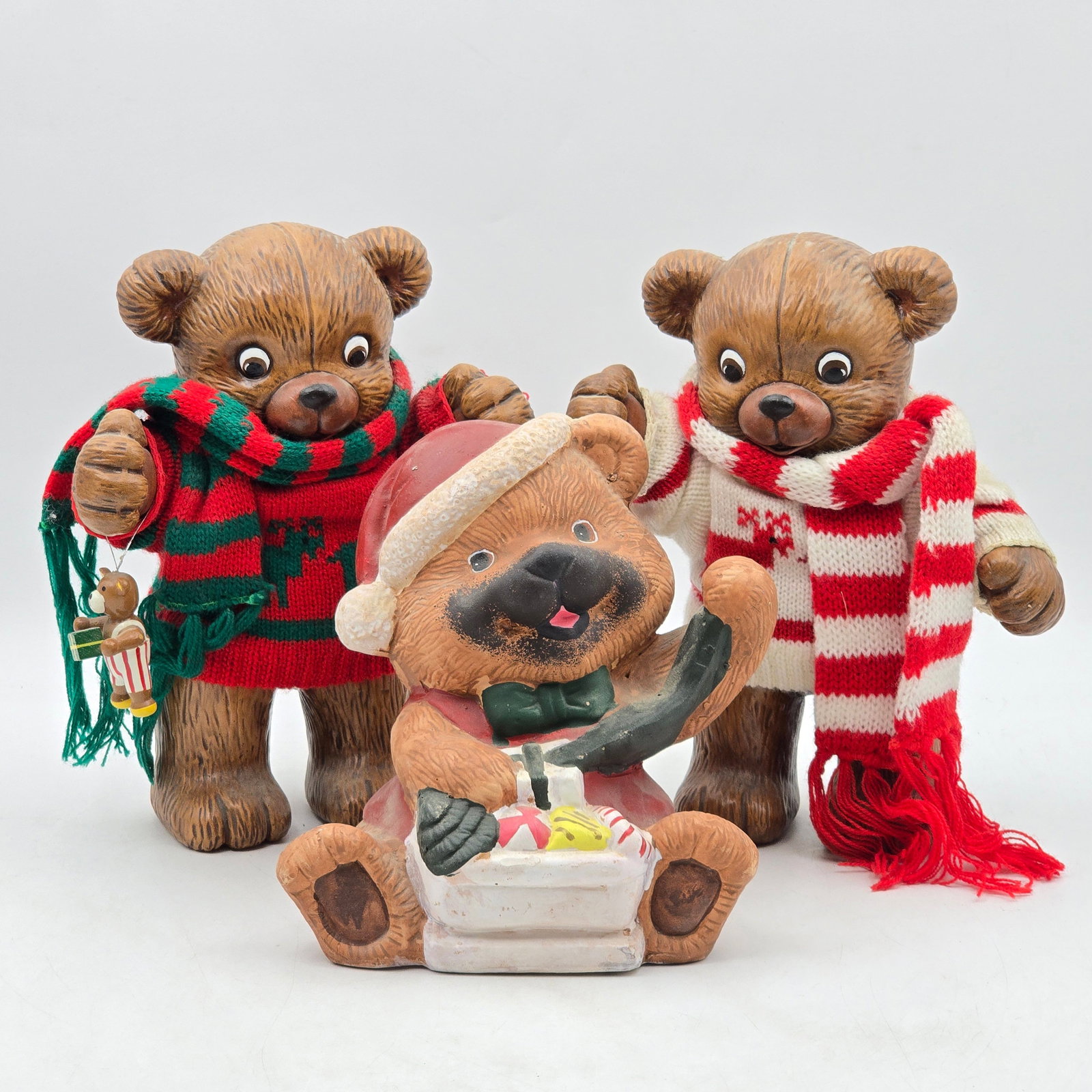 Teddy Bear Holiday Lot Bank & Metal: Lot of 3 Teddy Bear Holiday Items including: 1- Seated Teddy Bear Coin Bank Figure 2- Standing Teddy Bear with Black & Red Scarf Metal Figure 3- Standing Teddy Bear with Red & White Scarf Meta