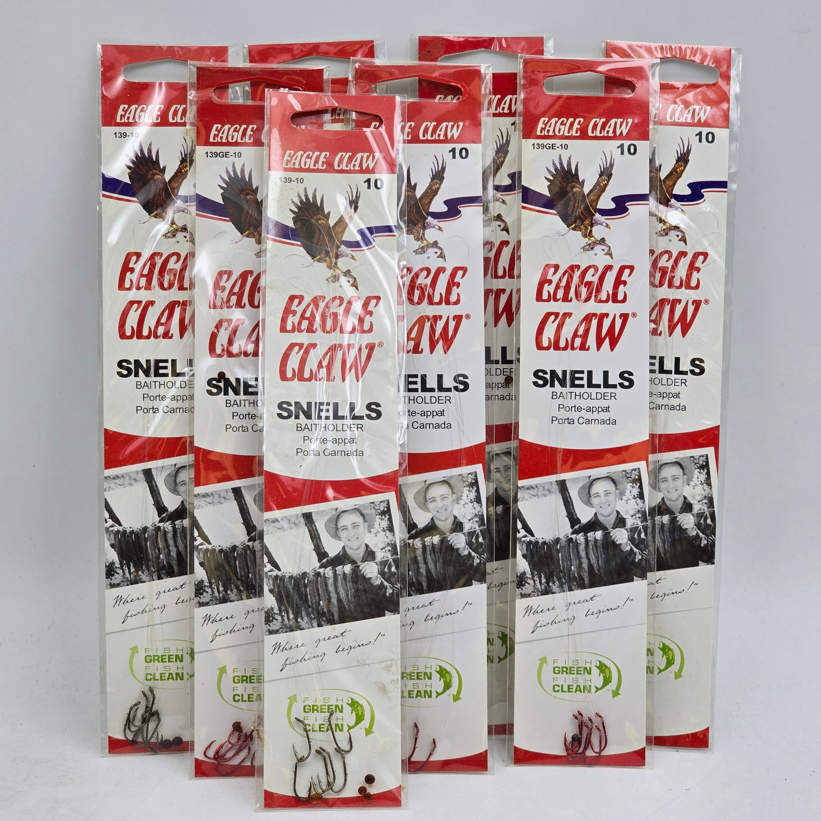 Eagle Claw Snells Lot of 8: Lot of 8 Packs of Fishing Snells including: 1- Eagle Claw Snells Bait Holder Hooks (Size #10) x (7) 2- Eagle Claw Snells Bait Holder Hooks (Size #12) x (1) Items appear new in original packaging with