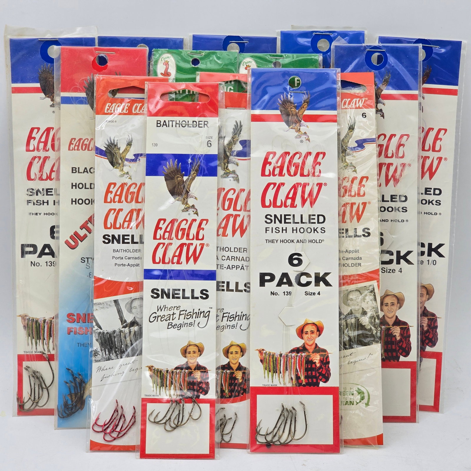 Eagle Claw Hooks Lot 14pc: Lot of 14 Packs of Fishing Hooks & Snells including: 1- Eagle Claw Snells Baitholder Hooks Pack- Size #6 2- Eagle Claw Snells Baitholder Hooks Pack- Size #8 3- Eagle Claw Snells Baitholder Hooks