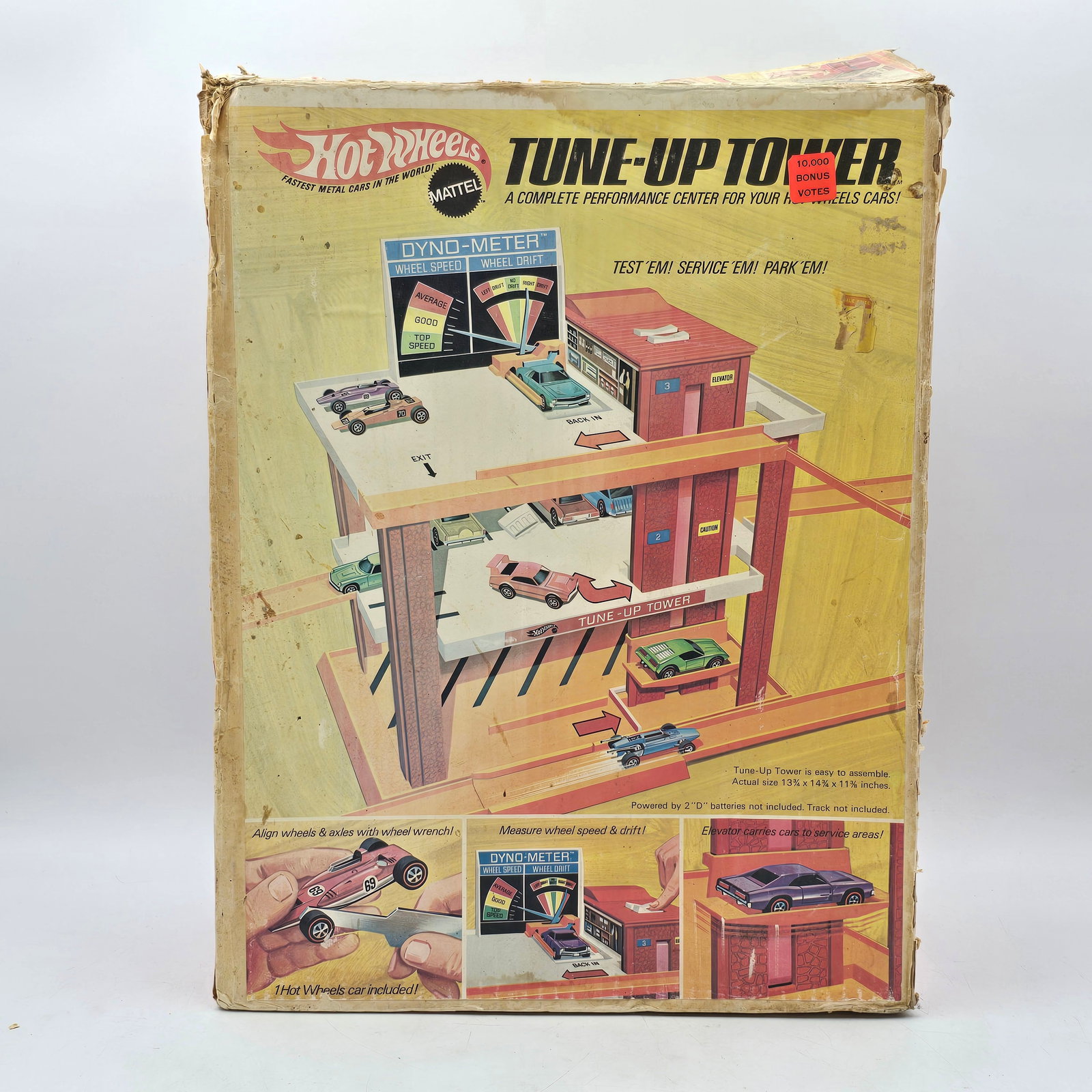 Hot Wheels Tune Up Tower: Hot Wheels Tune-Up Tower Playset. Vintage Hot Wheels Tune-Up Tower with original box. Includes multiple components and accessories as shown. Box shows noticeable wear from age and storage. Playset