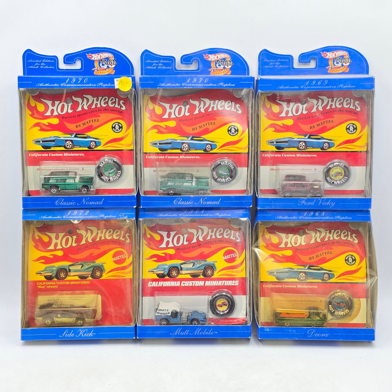 Hot Wheels 30th Anniversary Lot of 6: Lot of 6 Hot Wheels Diecast Vehicles from the 30th Anniversary Collection (1998) including: 1- Classic Nomad (x2) 2- Ford Vicky 3- Side Kick 4- Mutt Mobile 5- Deora