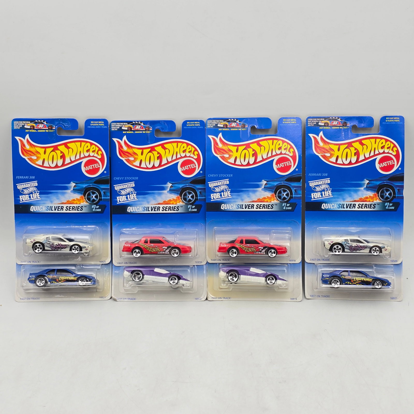 Pair of Quicksilver Sets: Lot of 8 Hot Wheels Diecast Vehicles from the Quicksilver Series including: 1- Chevy Stocker 2- Aeroflash 3- Ferrari 308 4- T-Bird Stocker Includes 2 complete sets.