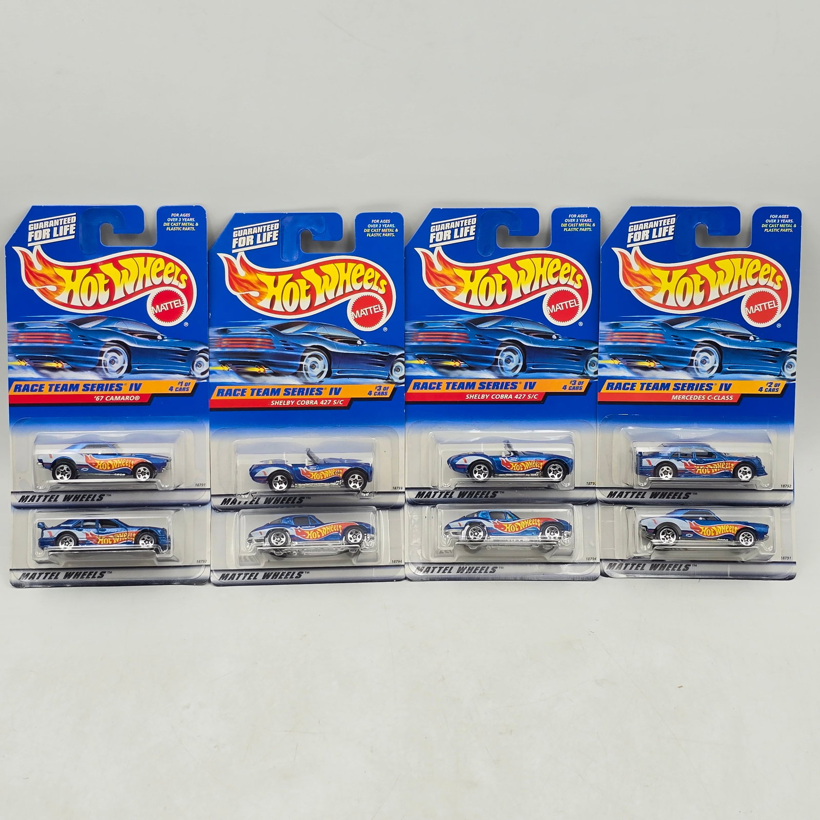 Hot Wheels Race Team IV Lot of 8: Lot of 8 Hot Wheels diecast cars from the Race Team Series IV (2 complete sets). Includes â€™67 Camaro (#725), Mercedes C-Class (#726), Shelby Cobra 427 S/C (#727), and â€™63 Corvette 