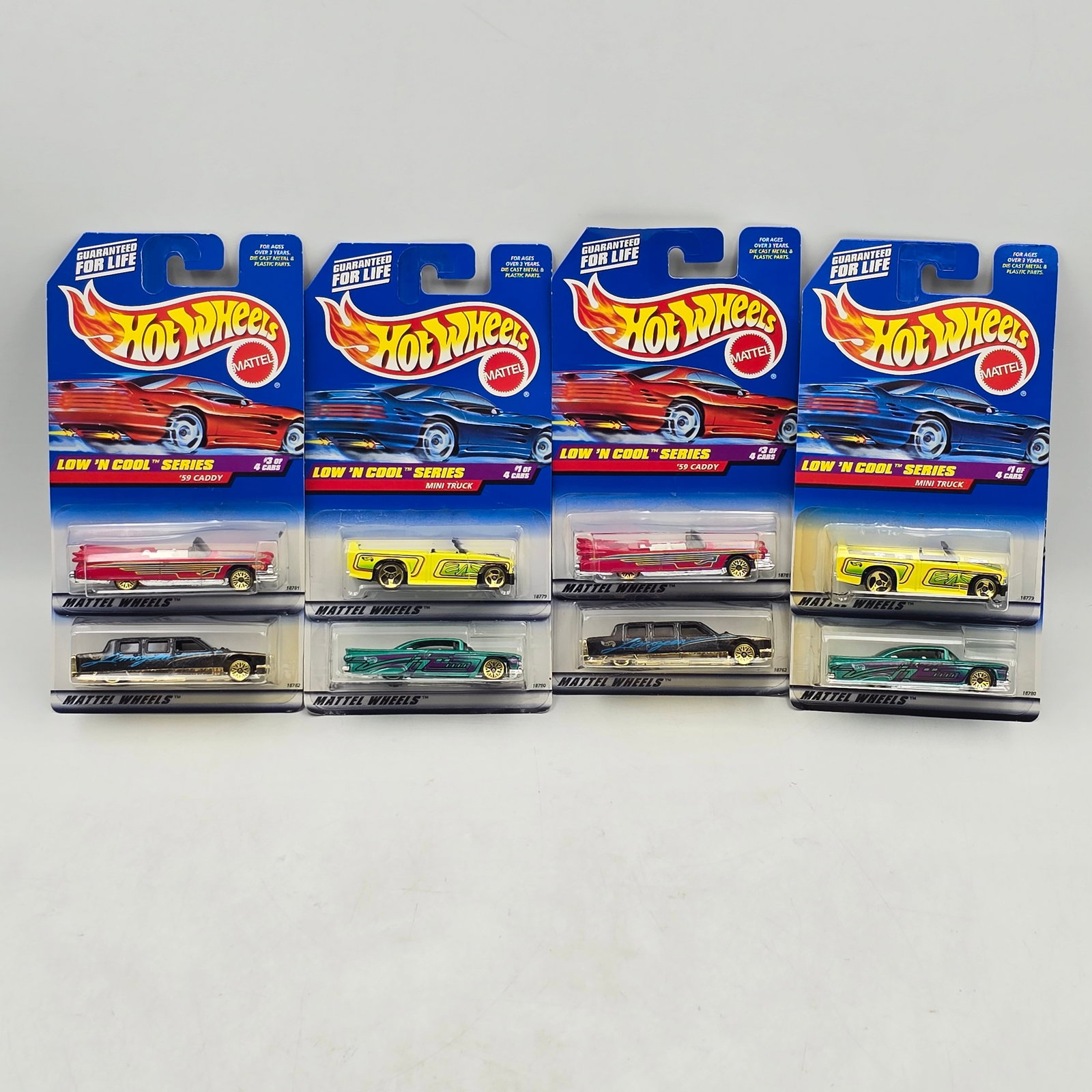 Hot Wheels Low N Cool Lot of 8: Lot of 8 Hot Wheels diecast cars from the Low â€™N Cool Series (2 complete sets). Includes Mini Truck (#697), â€™59 Impala (#698), â€™59 Caddy (#699), and Limozeen (#716), all 