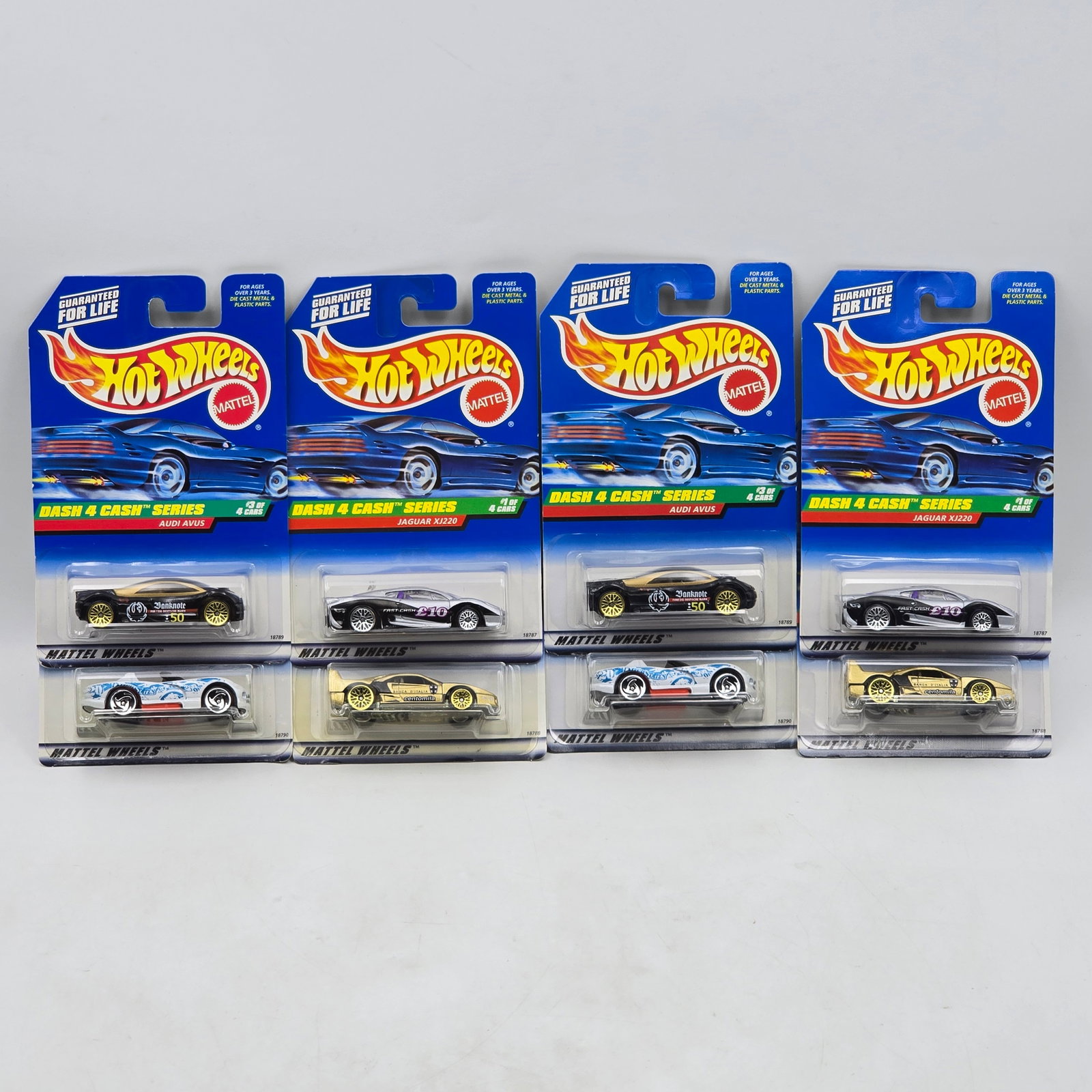 Hot Wheels Dash 4 Cash Lot of 8: Lot of 8 Hot Wheels diecast cars from the Dash 4 Cash Series (2 complete sets). Includes castings such as Jaguar XJ220, Ferrari F40, Audi Avus Quattro, and Dodge Viper RT/10, all featuring currency-in