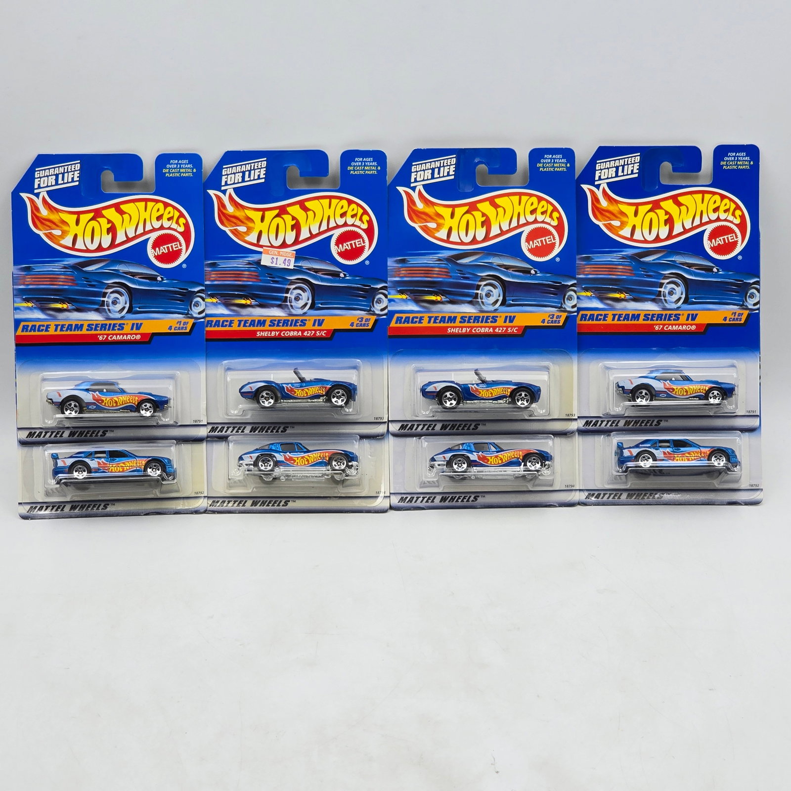Hot Wheels Race Team IV Lot of 8: Lot of 8 Hot Wheels diecast cars from the Race Team Series IV (2 complete sets). Includes â€™67 Camaro (#725), Mercedes C-Class (#726), Shelby Cobra 427 S/C (#727), and â€™63 Corvette 