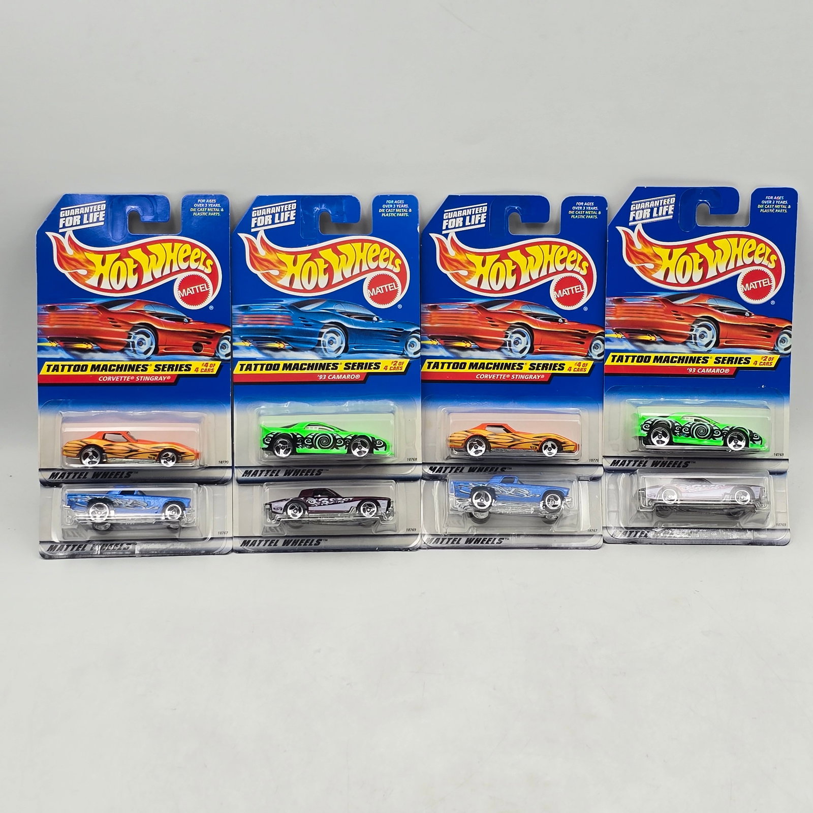 Hot Wheels Tattoo Machines Lot of 8: Lot of 8 Hot Wheels diecast cars from the Tattoo Machines Series (2 complete sets). Includes â€™57 T-Bird (#685), â€™93 Camaro (#686), Stutz Blackhawk (#687), and Corvette Stingray (#6