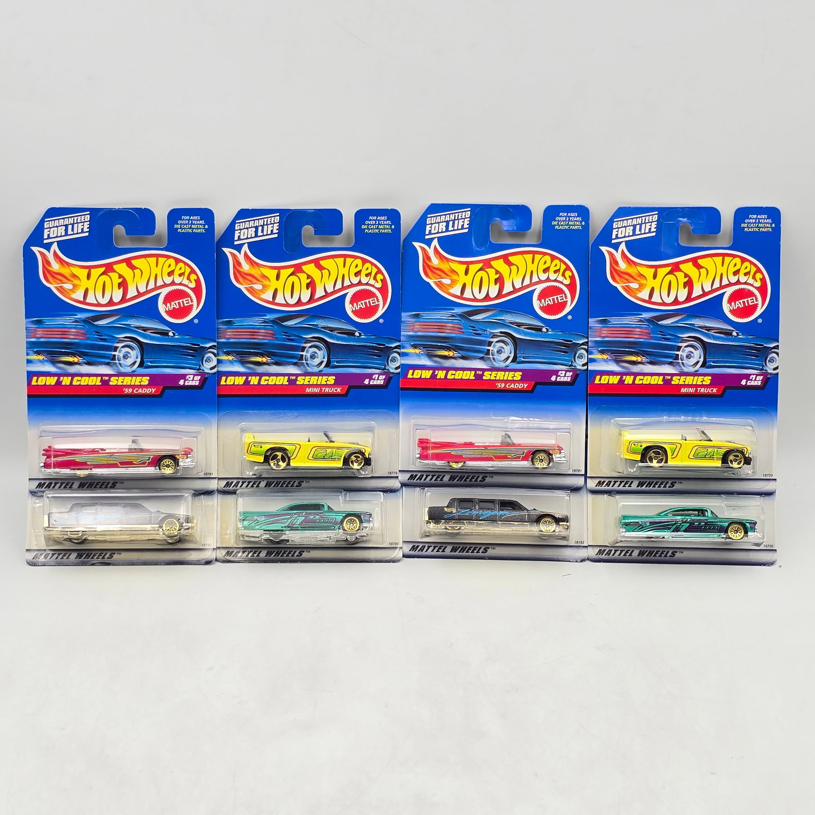 Hot Wheels Low N Cool Lot of 8: Lot of 8 Hot Wheels diecast cars from the Low â€™N Cool Series (2 complete sets). Includes Mini Truck (#697), â€™59 Impala (#698), â€™59 Caddy (#699), and Limozeen (#716), all 