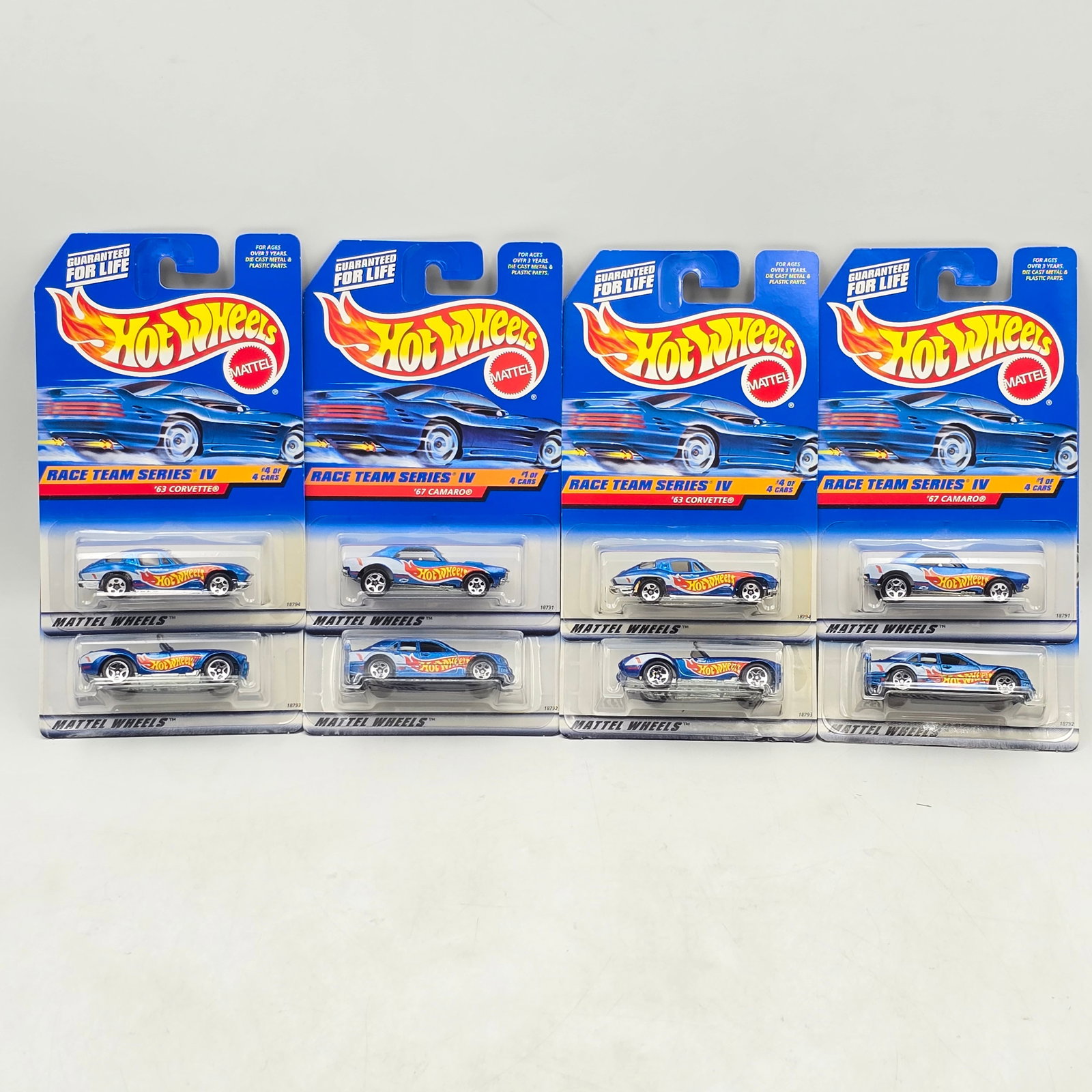 Hot Wheels Race Team IV Lot of 8: Lot of 8 Hot Wheels diecast cars from the Race Team Series IV (2 complete sets). Includes â€™67 Camaro (#725), Mercedes C-Class (#726), Shelby Cobra 427 S/C (#727), and â€™63 Corvette 