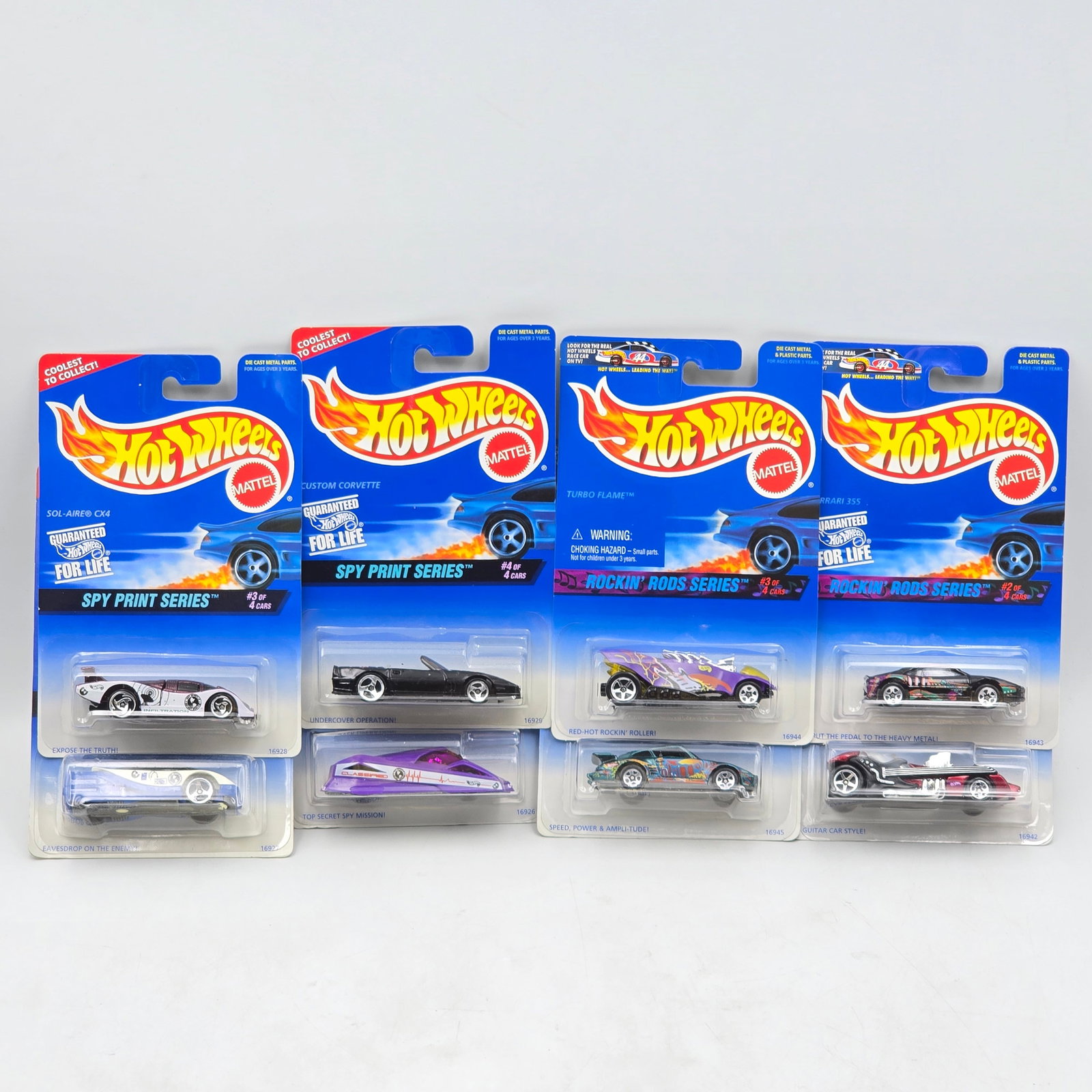 Hot Wheels Spy Print & Rods Lot of 8: Lot of 8 Hot Wheels diecast cars featuring 2 different seriesâ€”Spy Print and Rockinâ€™ Rods (1 complete set of each). Spy Print set includes Stealth (#553), Alien (#554), Sol-Aire