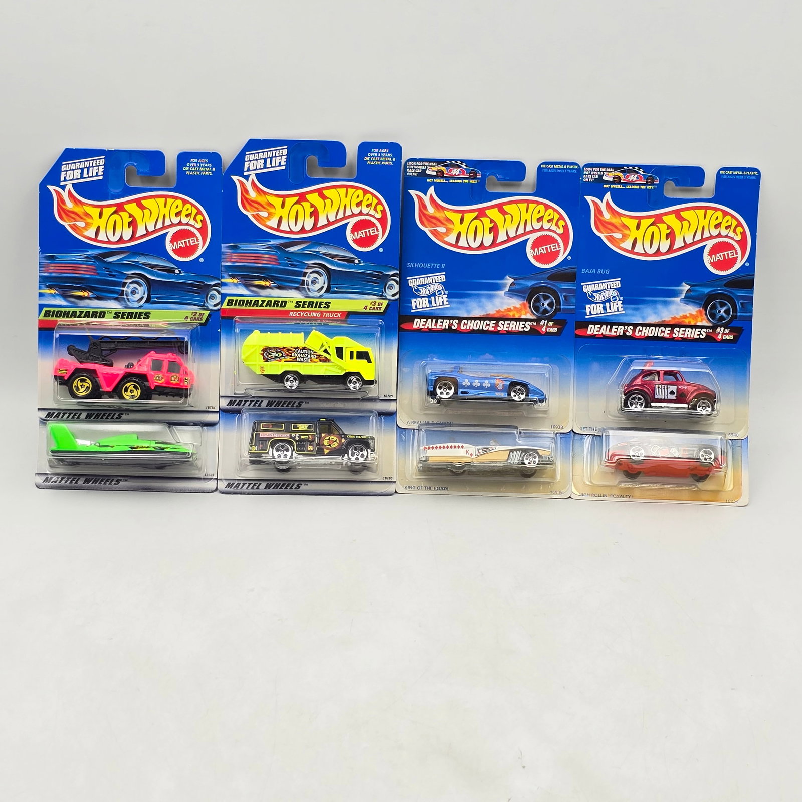 Hot Wheels Biohazard & Dealer Lot of 8: Lot of 8 Hot Wheels diecast cars featuring 2 different seriesâ€”Biohazard and Dealerâ€™s Choice (1 complete set of each). Biohazard set includes Hydroplane (#717), Flame Stopper (#