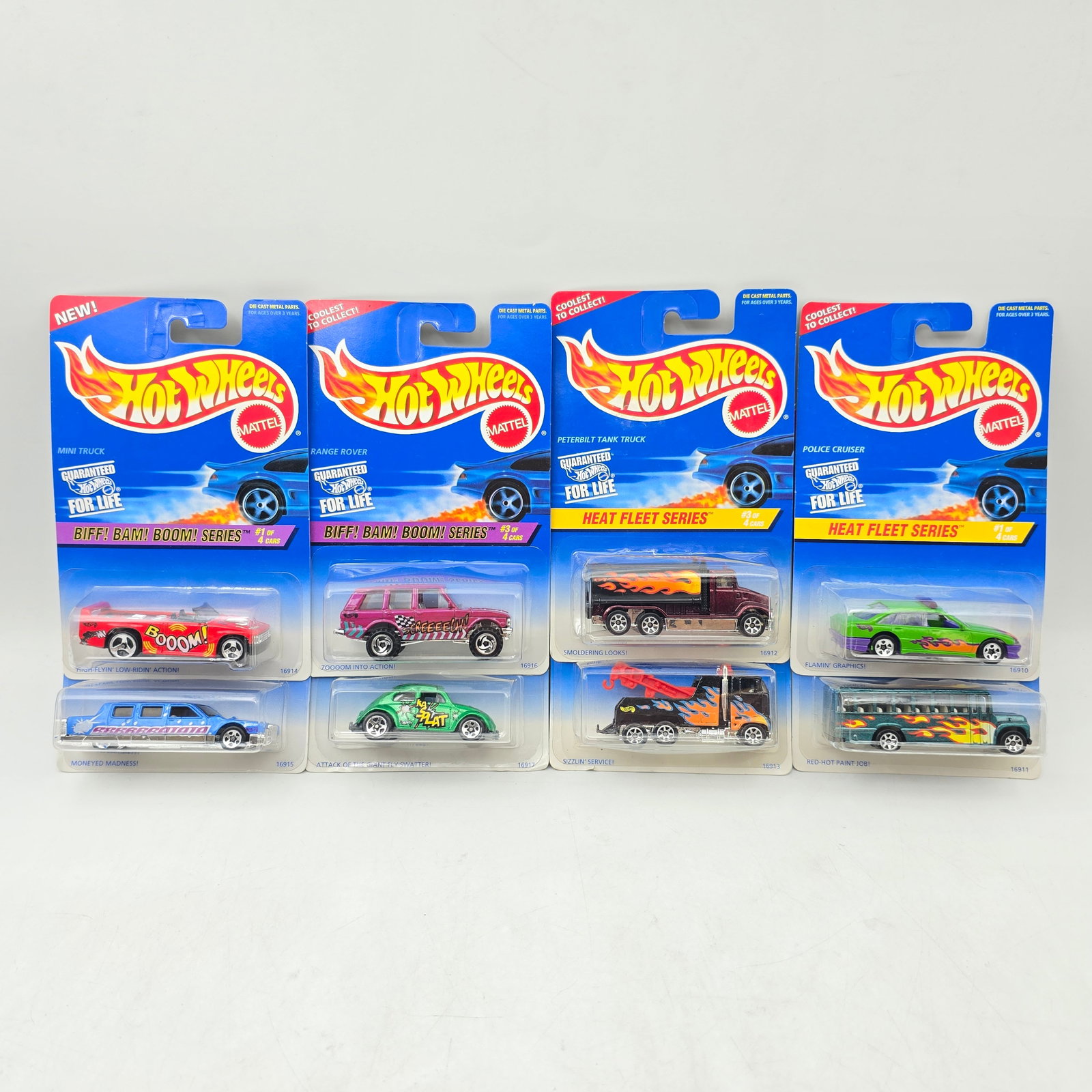 Hot Wheels Heat Fleet & Boom Lot of 8: Lot of 8 Hot Wheels diecast cars featuring 2 different seriesâ€”Heat Fleet and Biff! Bam! Boom! (1 complete set of each). Heat Fleet set includes Police Cruiser, School Bus, Peterbilt Tank