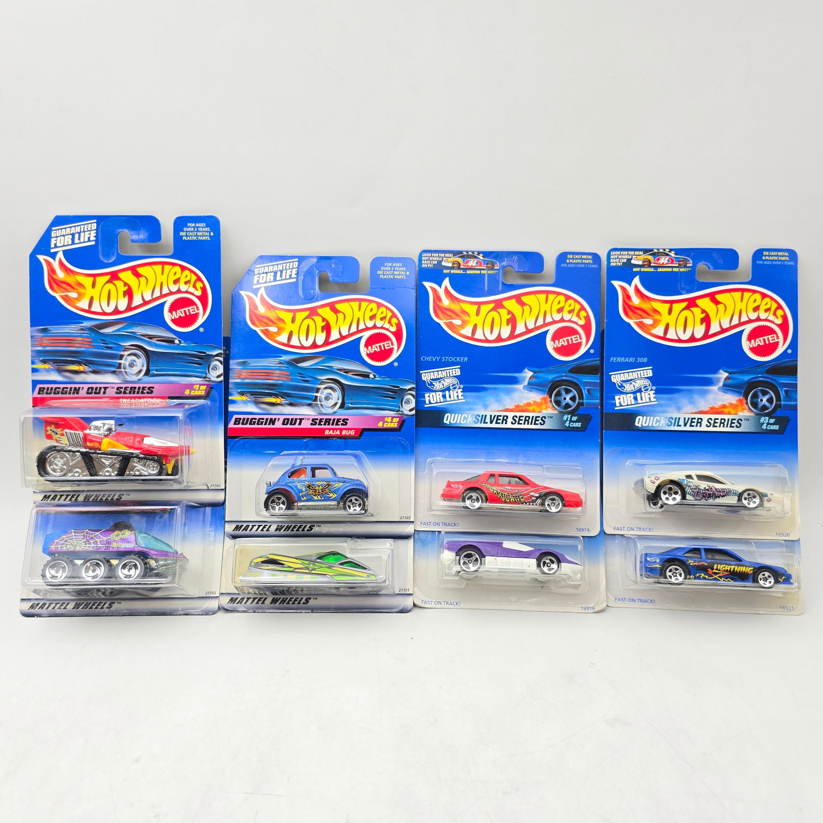 Hot Wheels Quicksilver & Buggin Lot of 8: Lot of 8 Hot Wheels diecast cars featuring 2 different seriesâ€”Quicksilver and Bugginâ€™ Out (1 complete set of each). Quicksilver set includes Chevy Stocker (#545), Aeroflash (#5