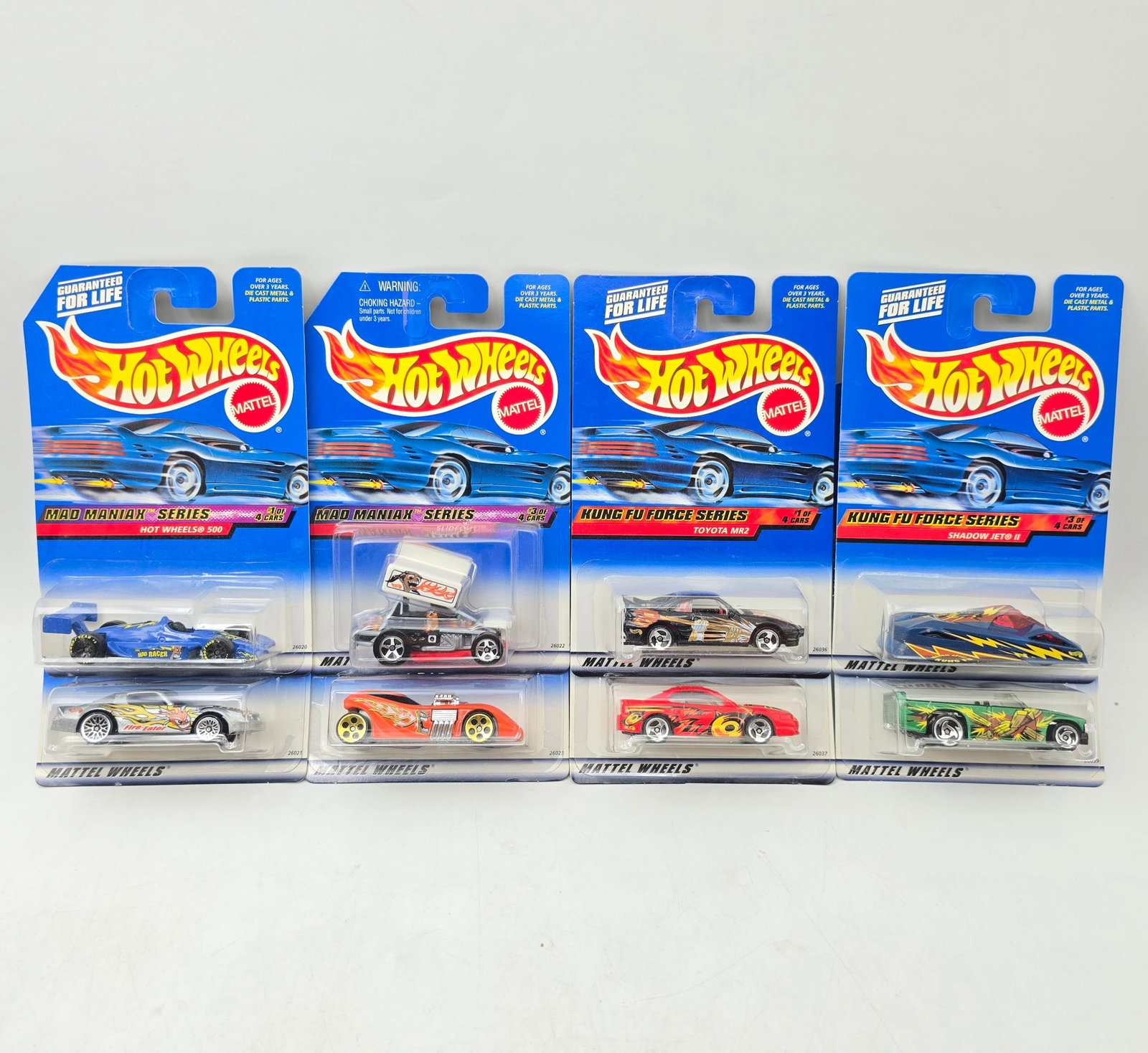 Hot Wheels Mad Maniax & Kung Fu Lot of 8: Lot of 8 Hot Wheels diecast cars featuring 2 different seriesâ€”Mad Maniax and Kung Fu Force (1 complete set of each). Mad Maniax set includes Hot Wheels 500, Hot Seat, Slideout, and Dodge