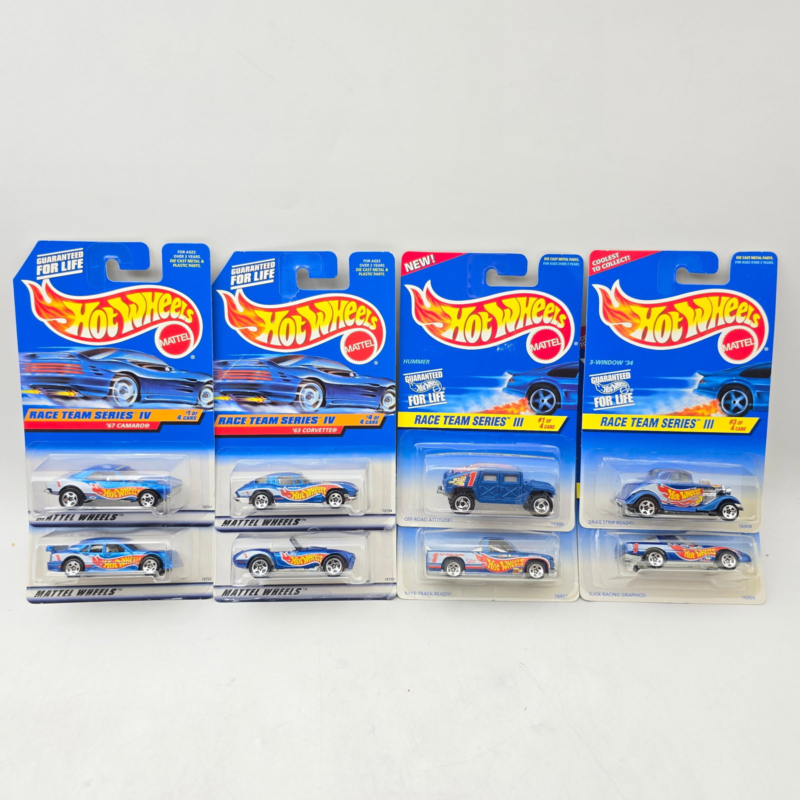 Hot Wheels Race Team III & IV Lot of 8: Lot of 8 Hot Wheels diecast cars featuring 2 different seriesâ€”Race Team Series III and Race Team Series IV (1 complete set of each). Race Team III set includes Hummer (#533), Chevy 1500 