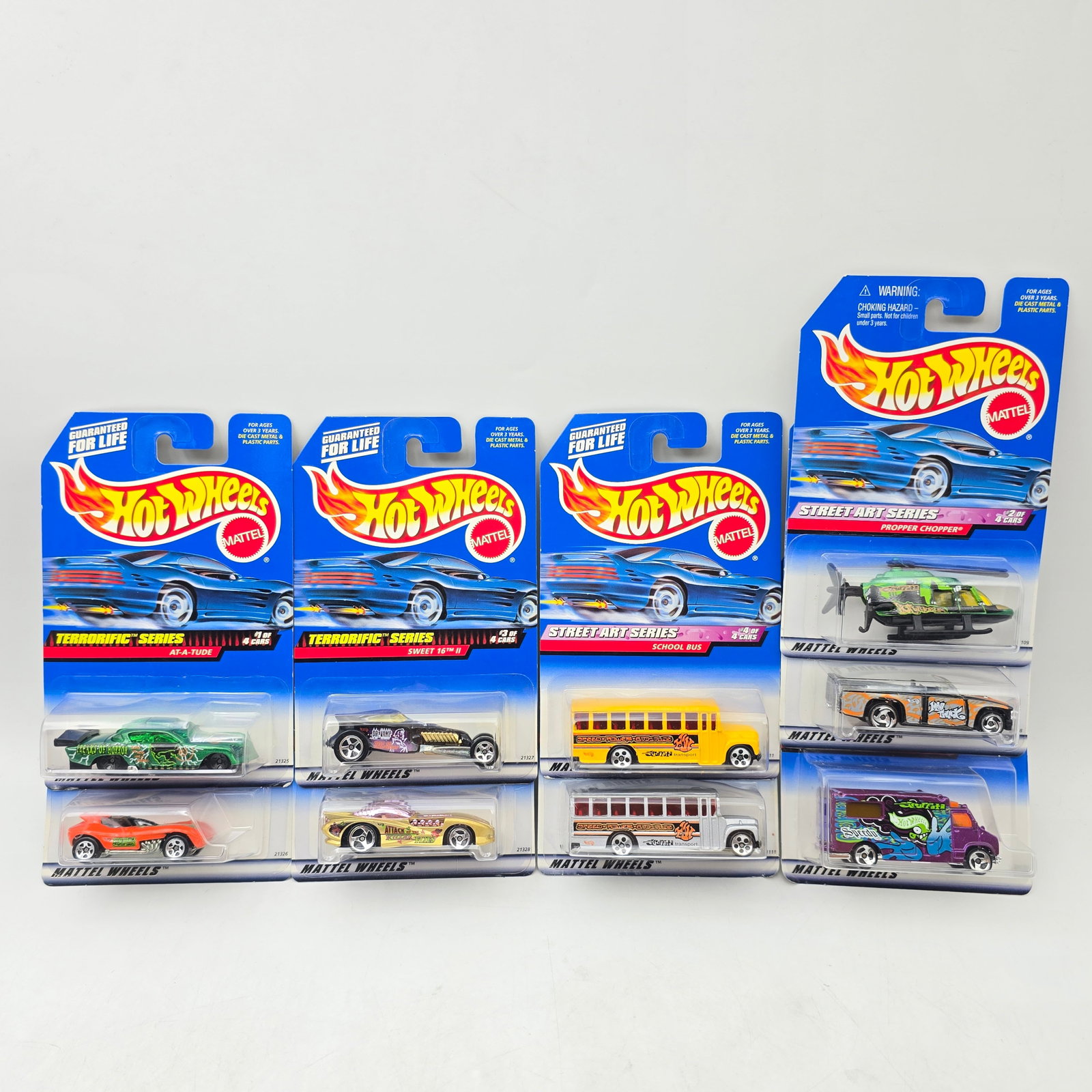 Hot Wheels Street Art & Terror Lot of 9: Lot of 9 Hot Wheels diecast cars featuring Street Art and Terrorific Series, including a full Terrorific set and Street Art set with bus variation. Street Art portion includes Mini Truck (#949), Propp