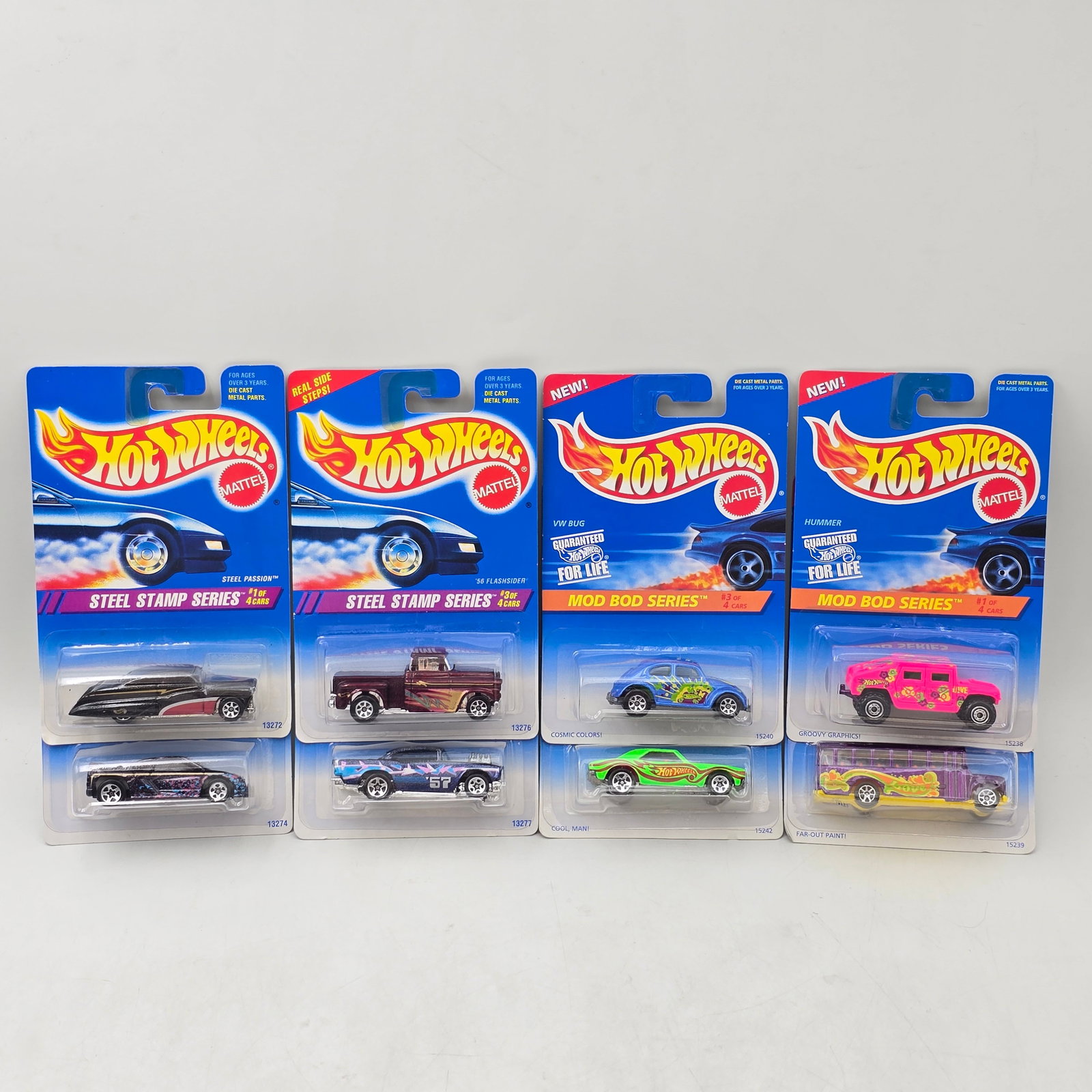 Hot Wheels Steel Stamp & Mod Bod Lot of 8: Lot of 8 Hot Wheels diecast cars featuring 2 different seriesâ€”Steel Stamp and Mod Bod (1 complete set of each). Steel Stamp set includes Steel Passion (#13272), â€™56 Flashsider 
