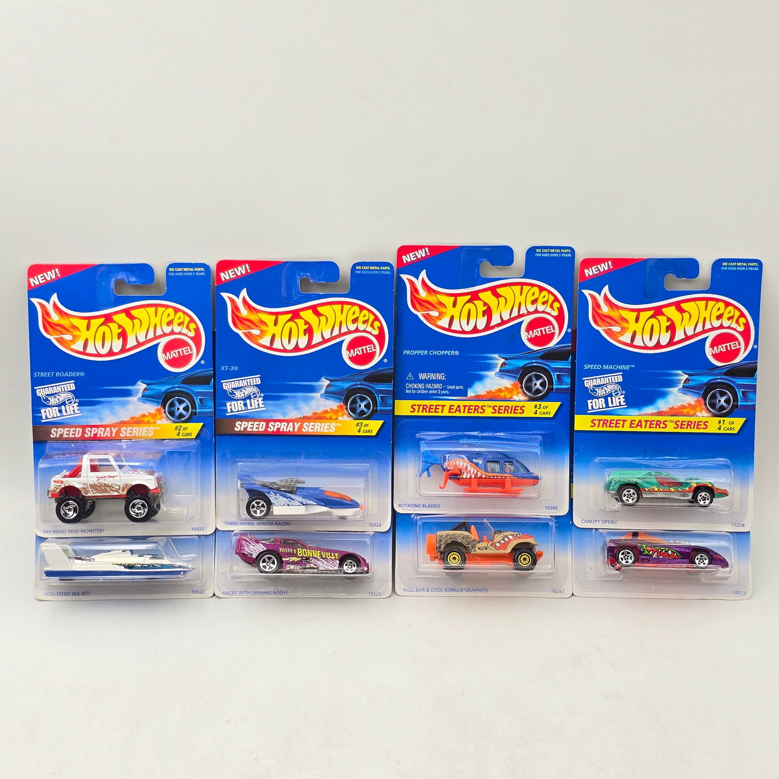 Hot Wheels Speed Spray & Eaters Lot of 8: Lot of 8 Hot Wheels diecast cars featuring 2 different seriesâ€”Speed Spray and Street Eaters (1 complete set of each). Speed Spray set includes High Speed Sea Jet, Street Roader, XT-3, an