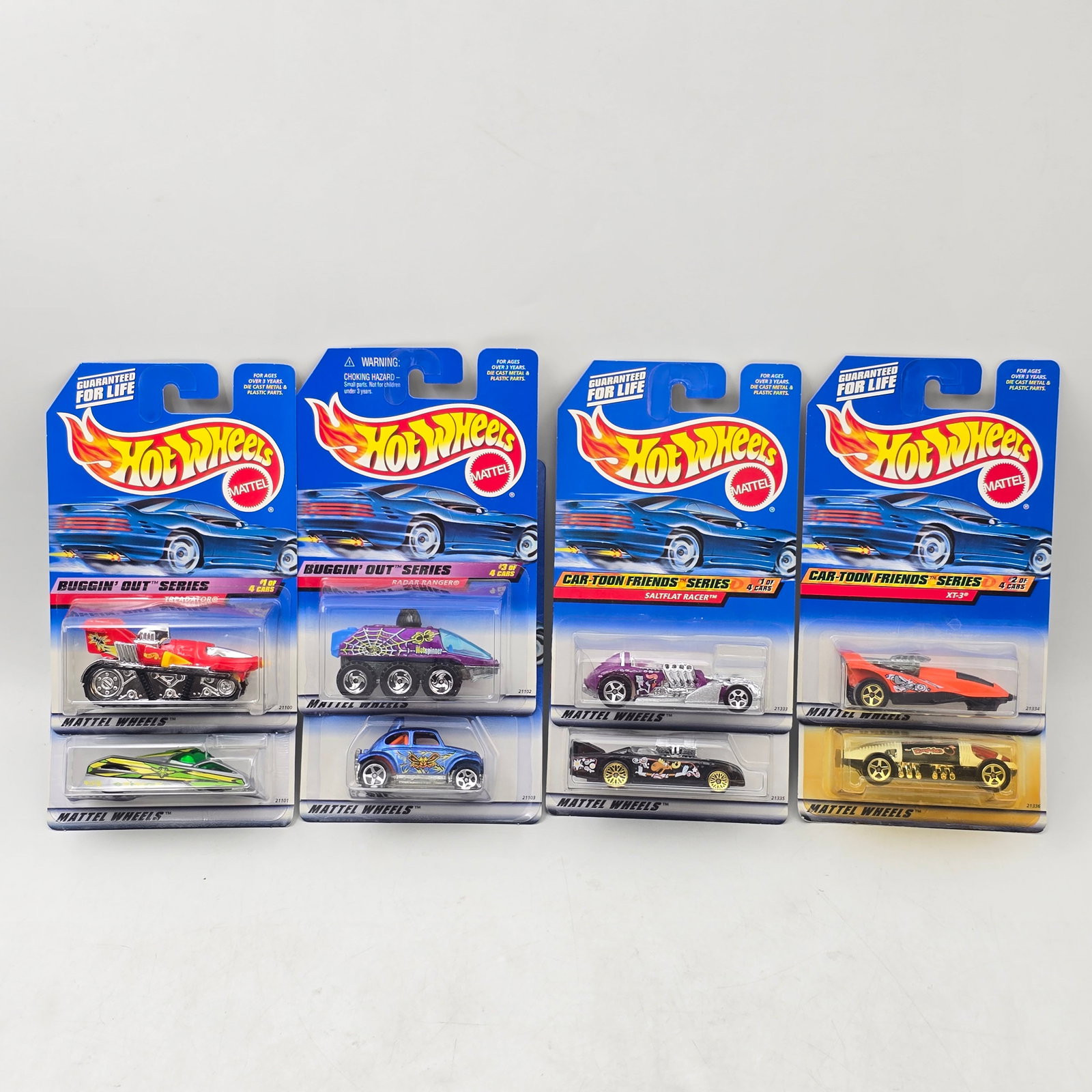 Hot Wheels Buggin Out & Toon Lot of 8: Lot of 8 Hot Wheels diecast cars featuring 2 different seriesâ€”Bugginâ€™ Out and Car-Toon Friends (1 complete set of each). Bugginâ€™ Out set includes Treadator (#941), Sh