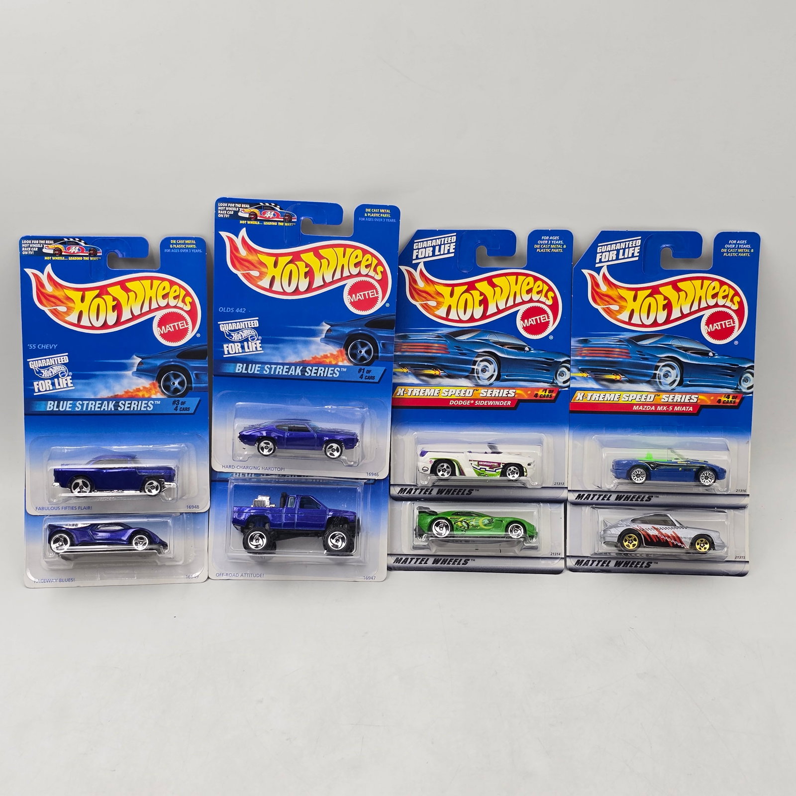 Hot Wheels Blue Streak & Xtreme Lot of 8: Lot of 8 Hot Wheels diecast cars featuring 2 different seriesâ€”Blue Streak and X-Treme Speed (1 complete set of each). Blue Streak set includes Olds 442 (#573), Nissan Truck (#574), â&eu