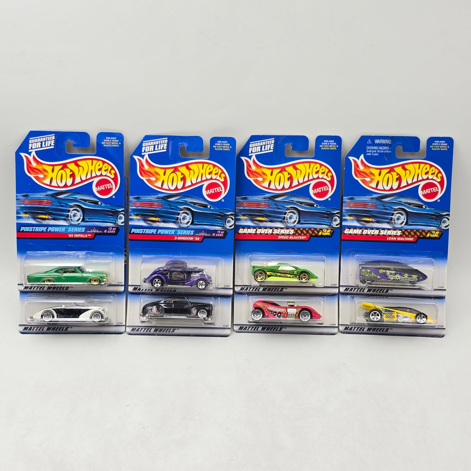 Hot Wheels Pinstripe & Game Over Lot of 8: Lot of 8 Hot Wheels diecast cars featuring 2 different seriesâ€”Pinstripe Power and Game Over (1 complete set of each). Pinstripe Power set includes â€™65 Impala, 3-Window â€